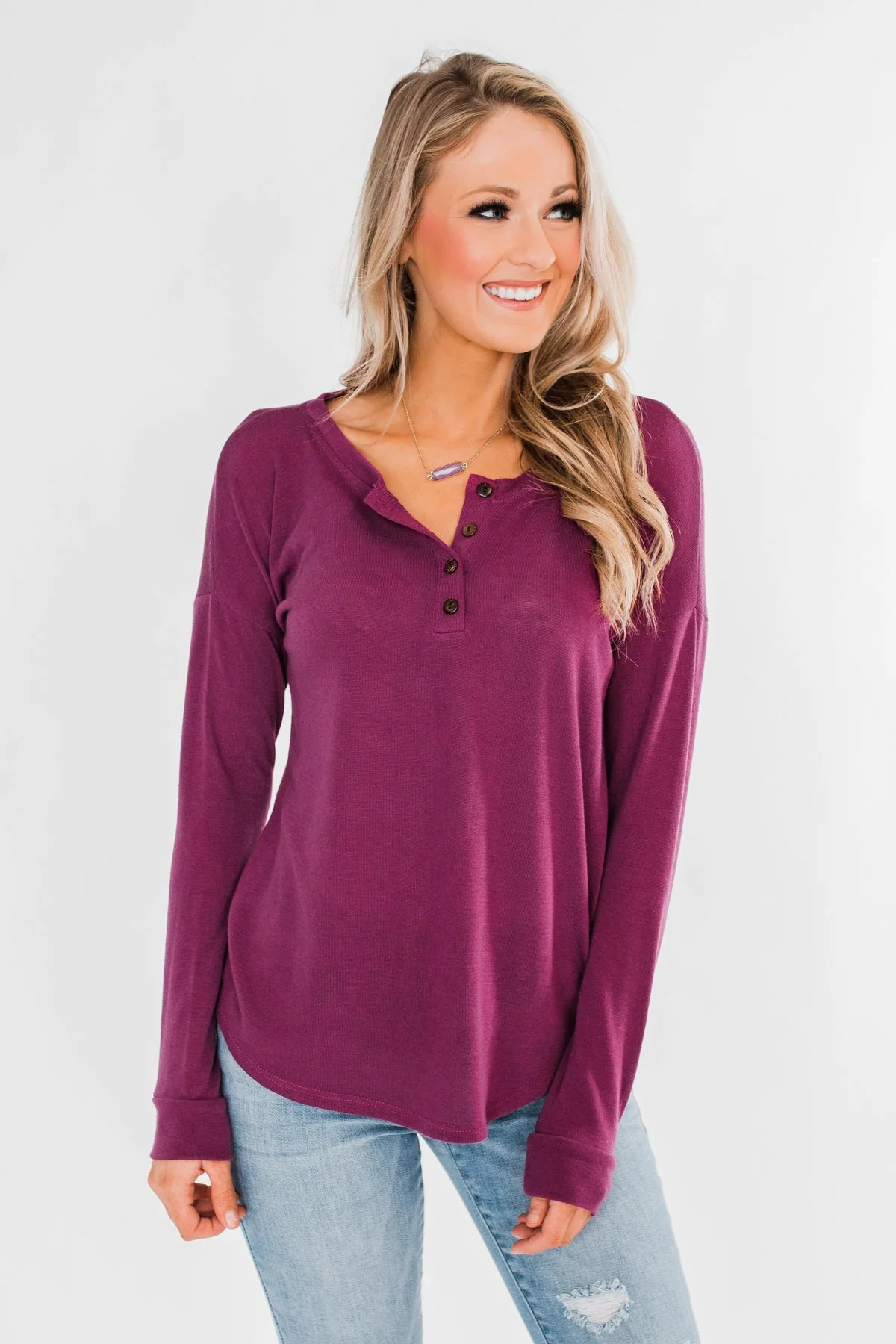 Cozy & Warm 4 Button Henley Top- Plum - Image 8
