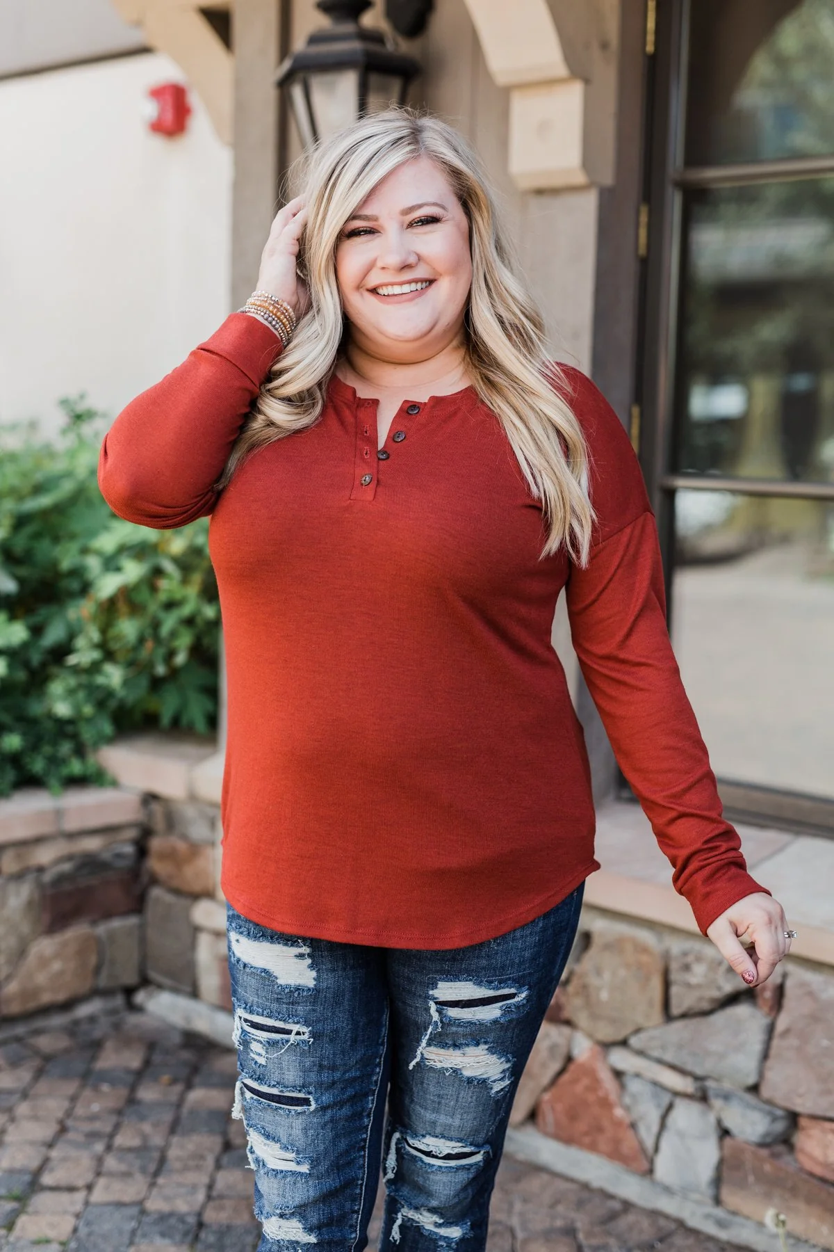 Cozy & Warm 4 Button Henley Top- Rust - Image 3