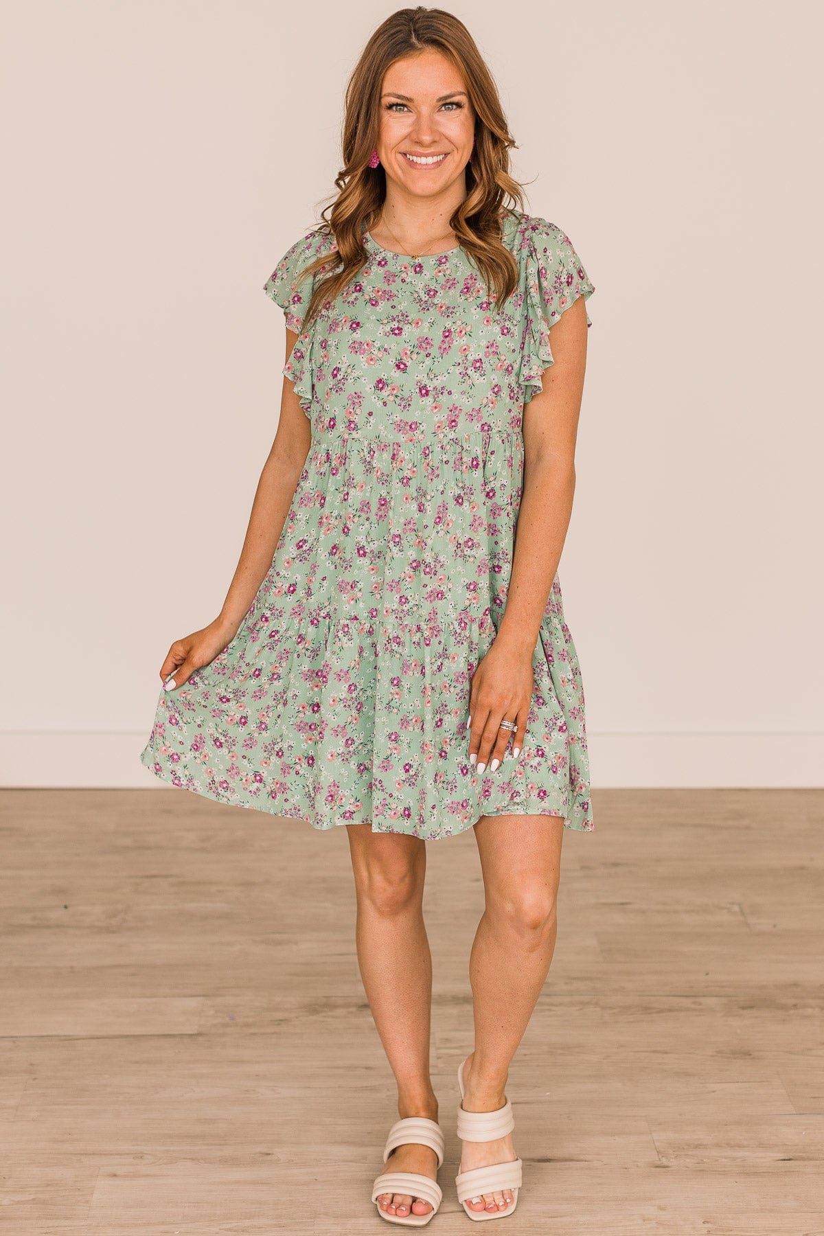 Crack A Smile Floral Dress- Sage & Pink