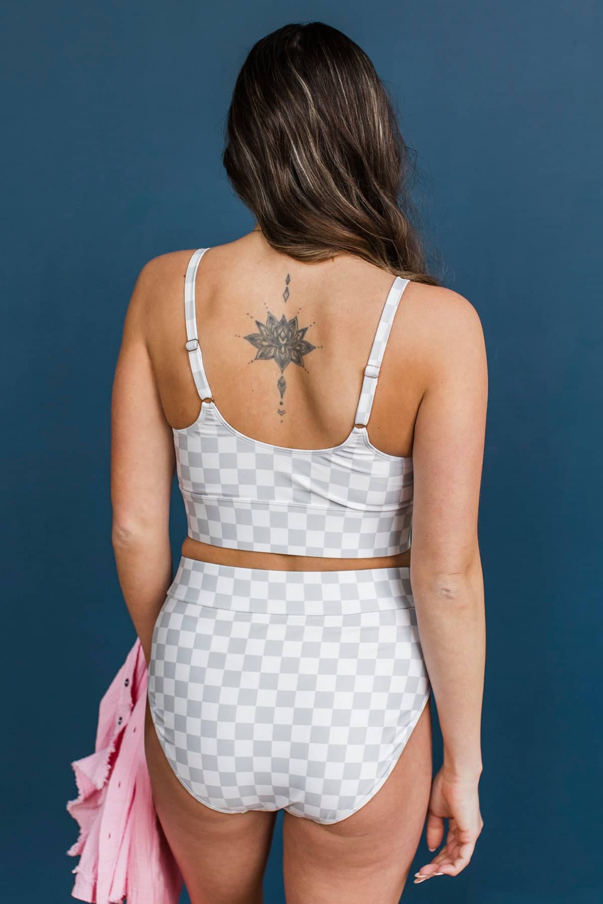 Crashing Waves Bikini Swim Top- Grey & White Checkered - Image 6