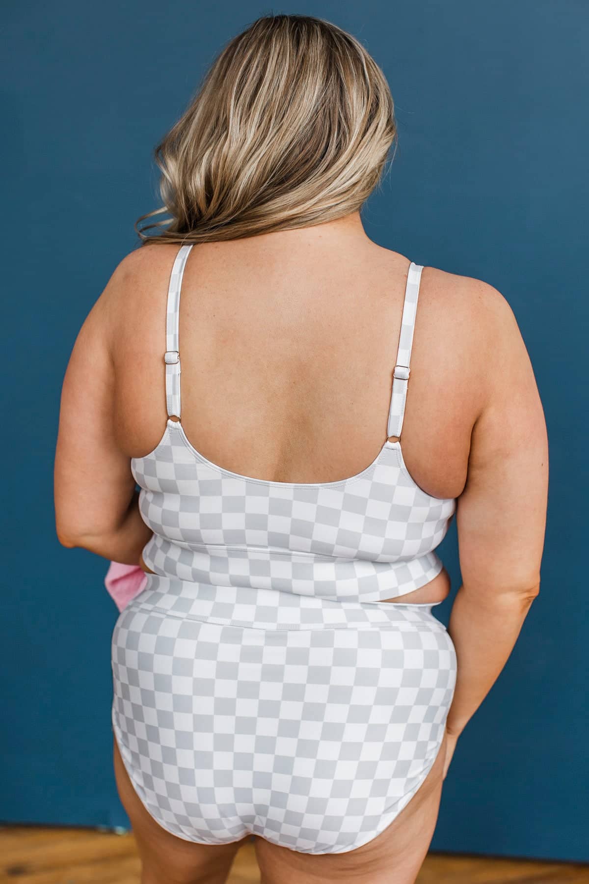 Crashing Waves Bikini Swim Top- Grey & White Checkered - Image 7
