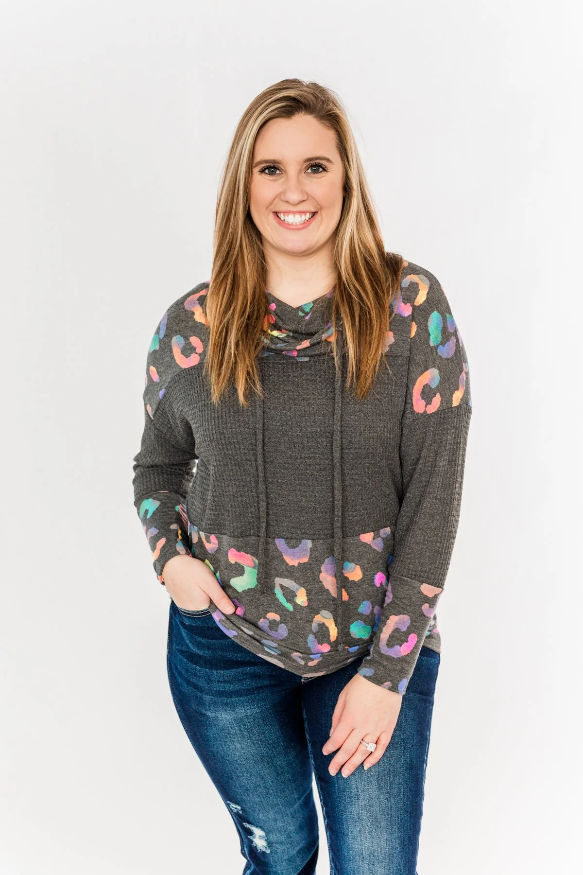 Crazy About Color Cowl Neck Top- Charcoal & Multi-Color - Image 2