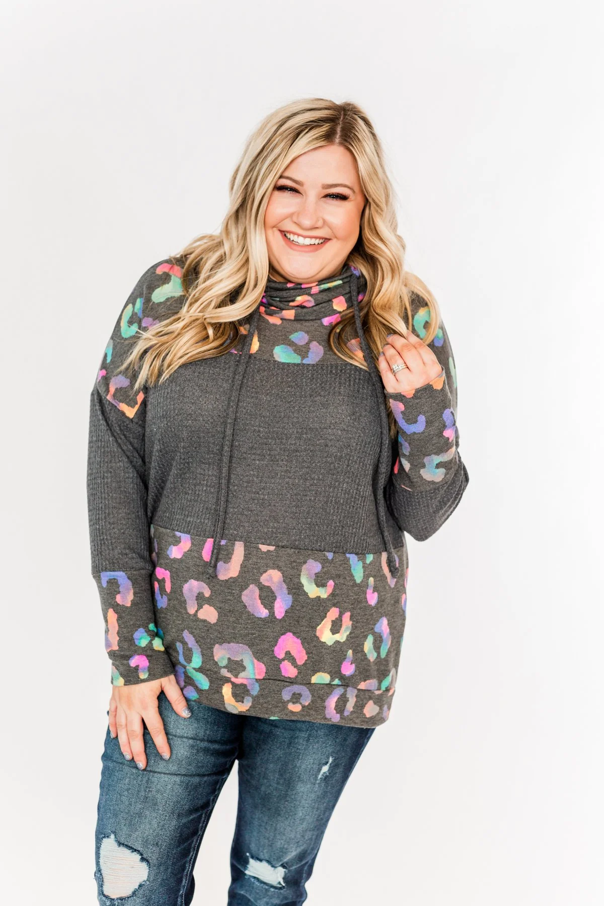 Crazy About Color Cowl Neck Top- Charcoal & Multi-Color - Image 3