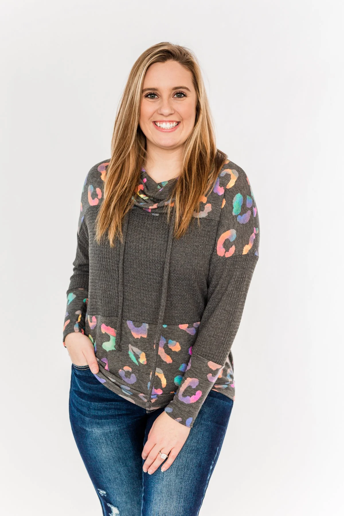 Crazy About Color Cowl Neck Top- Charcoal & Multi-Color - Image 4