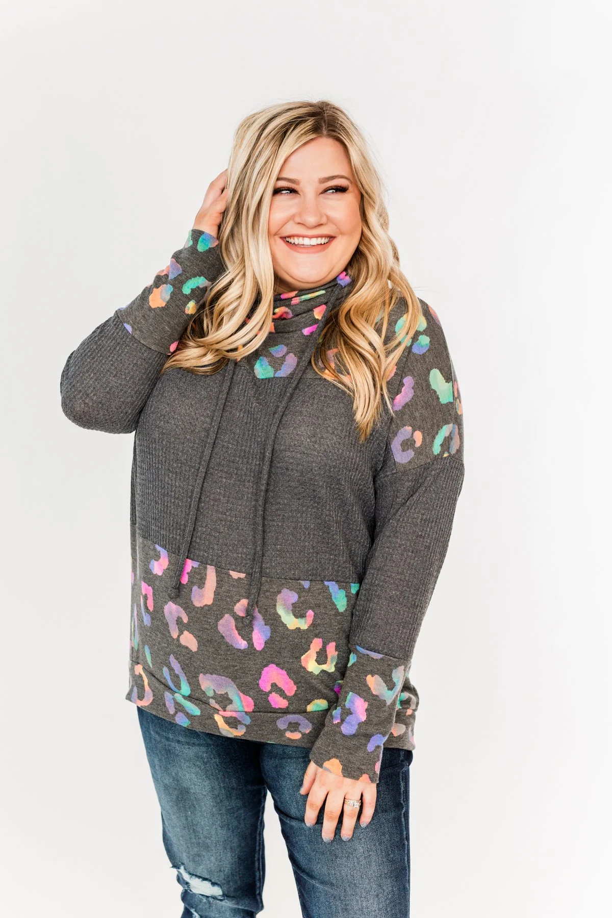 Crazy About Color Cowl Neck Top- Charcoal & Multi-Color - Image 6