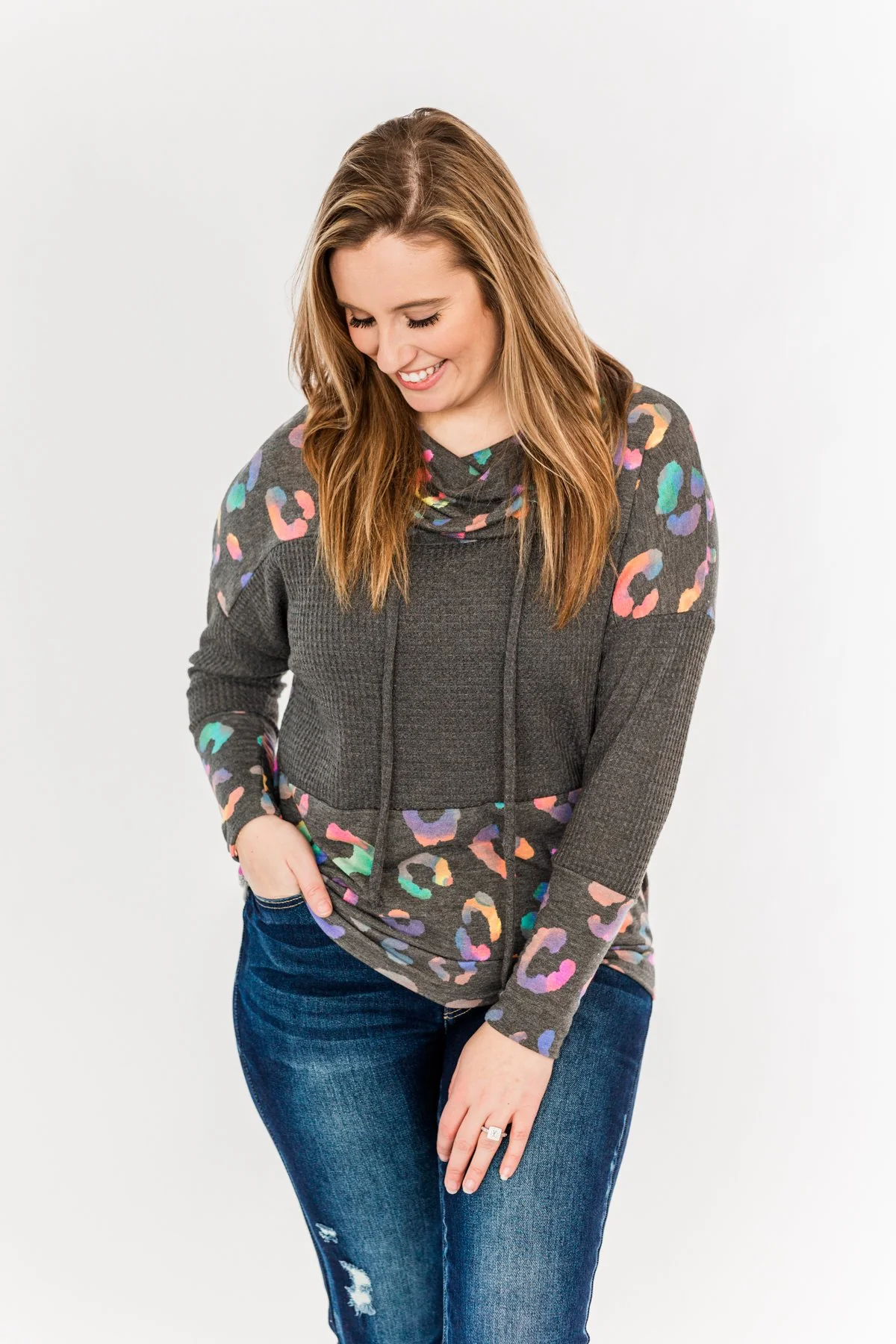 Crazy About Color Cowl Neck Top- Charcoal & Multi-Color - Image 7