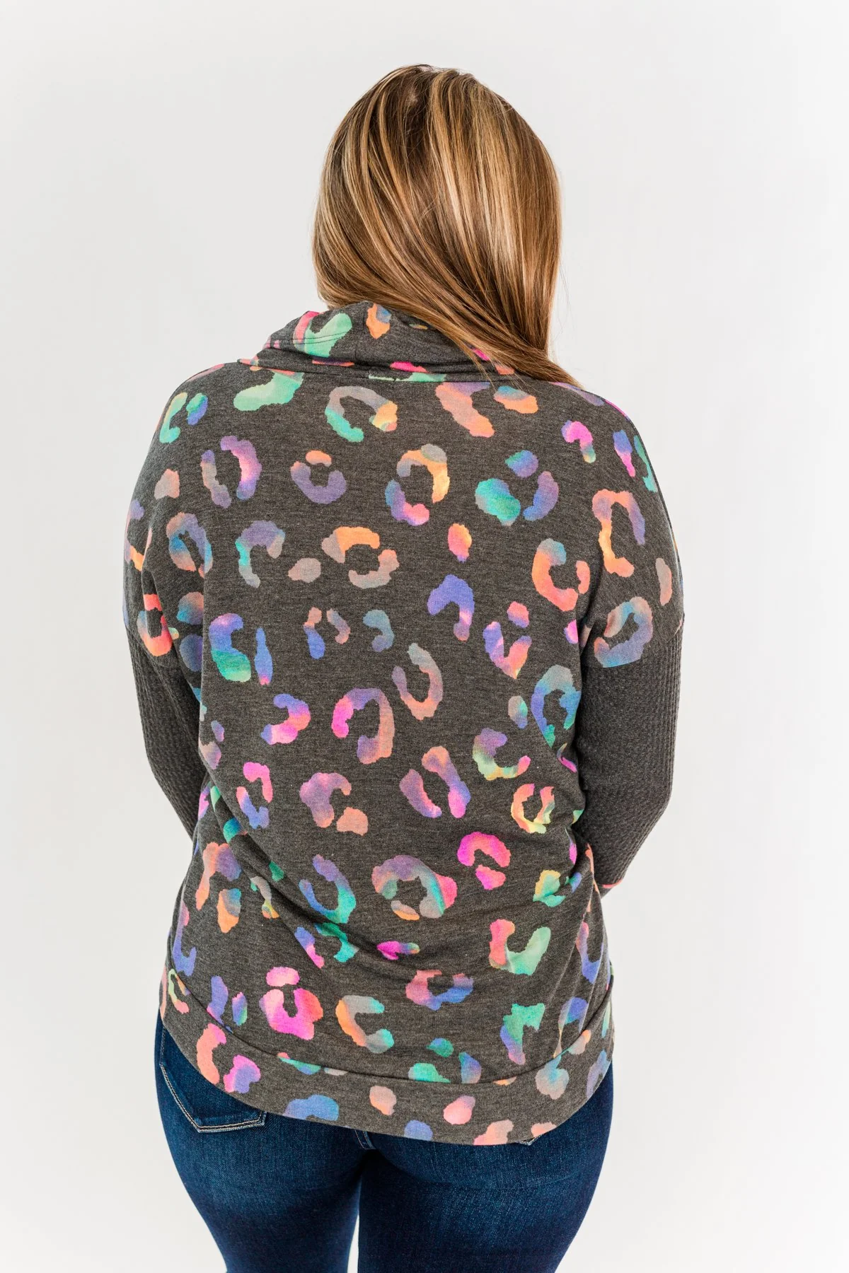 Crazy About Color Cowl Neck Top- Charcoal & Multi-Color - Image 8