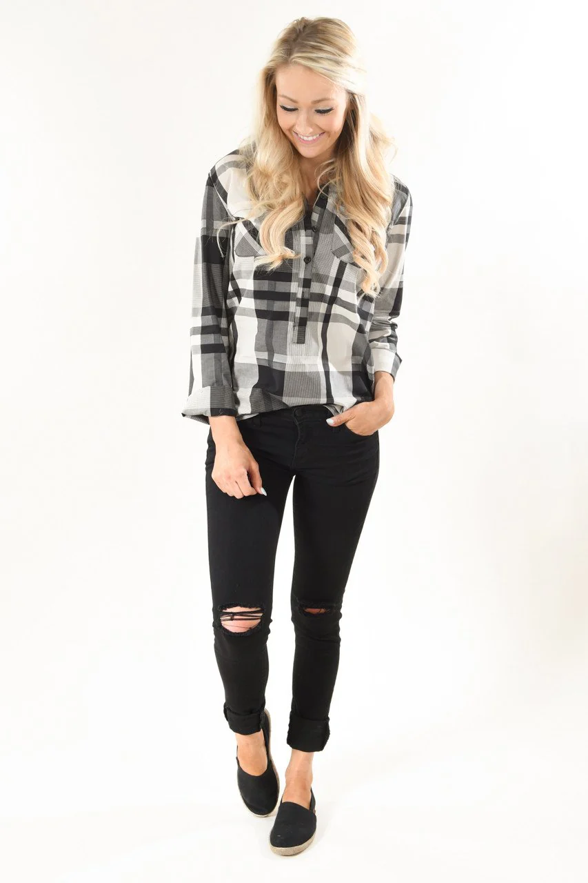 Cream and Grey Ampersand Avenue Plaid Top - Image 2