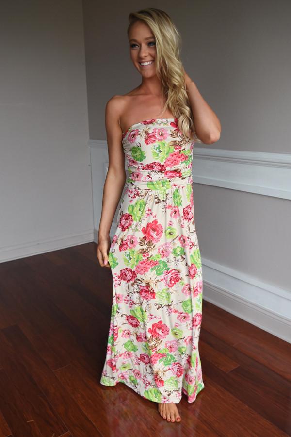Cream Pink & Green Floral Maxi Dress - Image 3