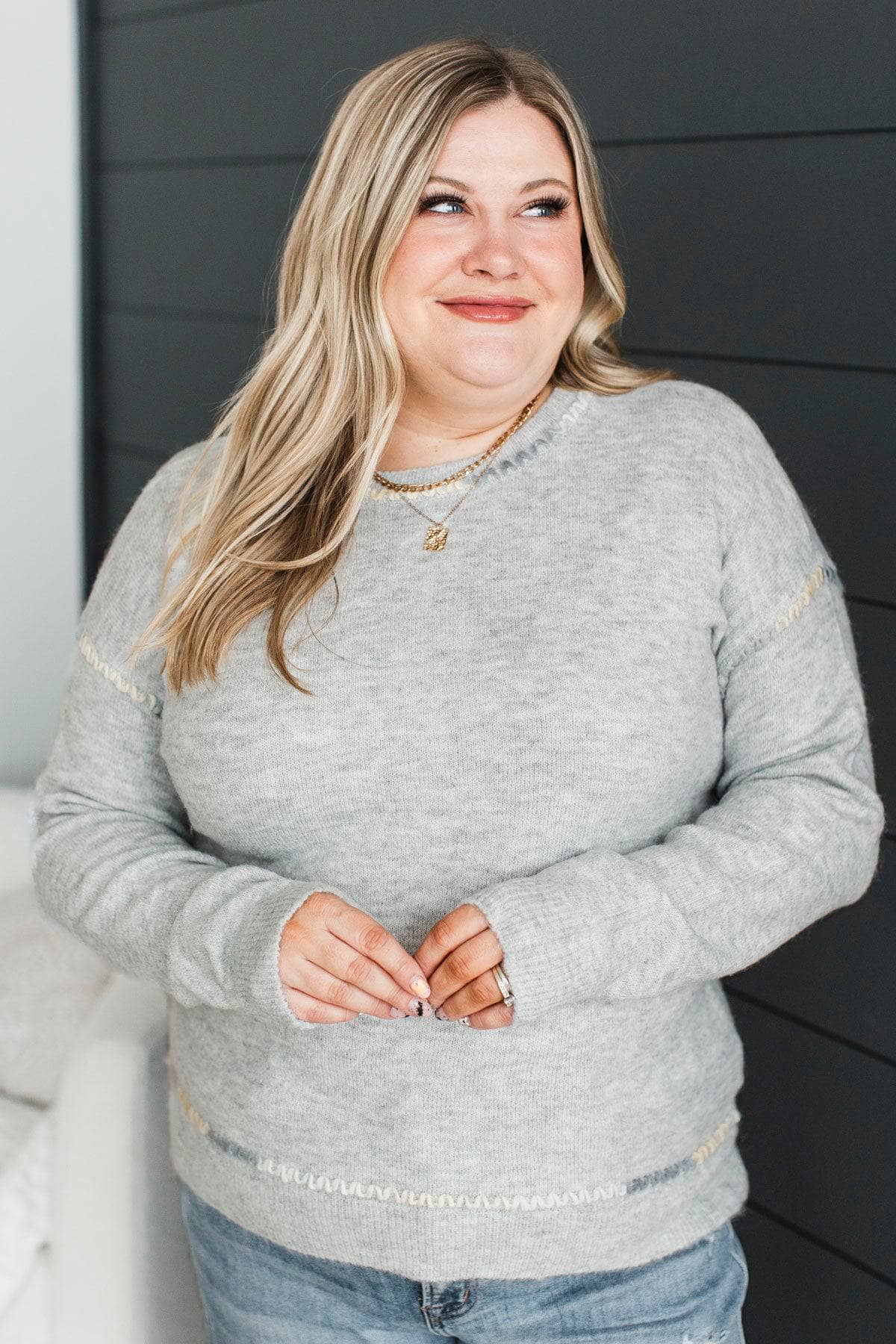 Create Happiness Stitch Knit Sweater- Heather Grey