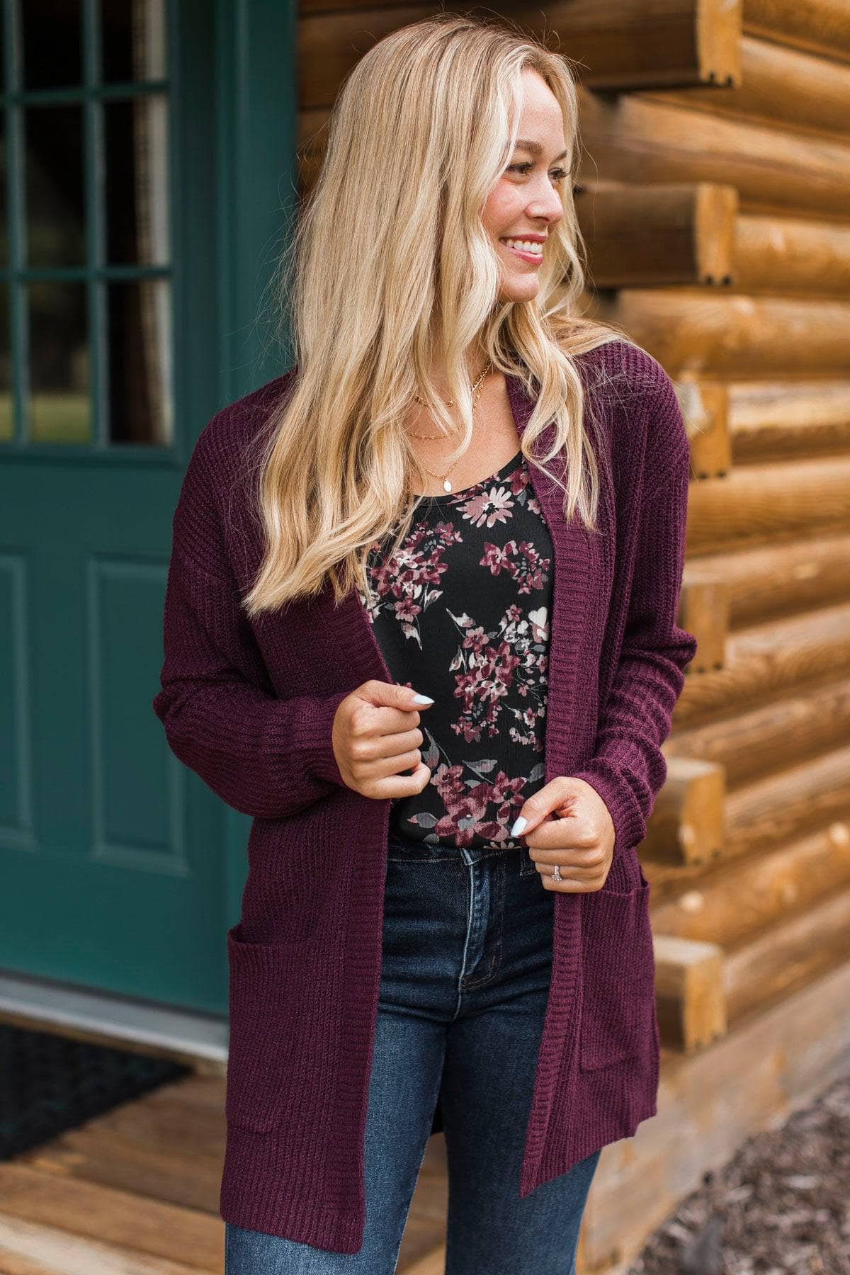 Create Magic Open Front Knit Cardigan- Dark Plum
