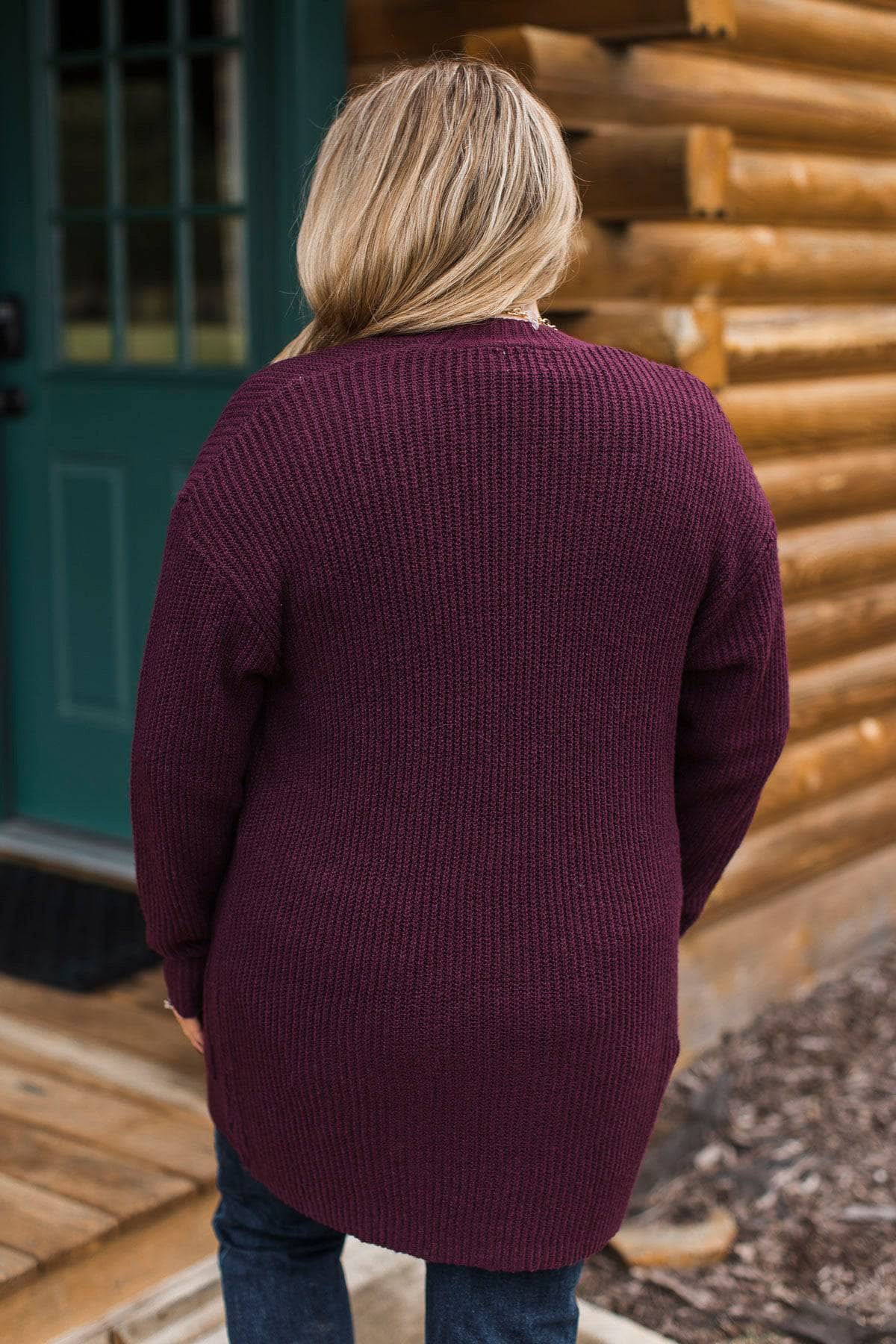 Create Magic Open Front Knit Cardigan- Dark Plum - Image 11