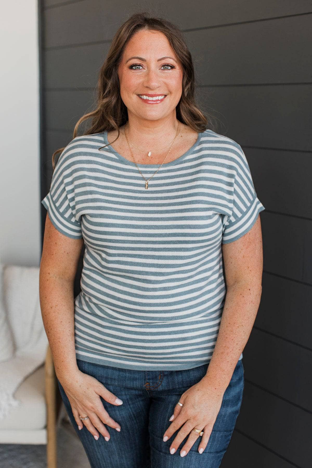 Creative Endeavors Striped Top- Ivory & Dusty Blue