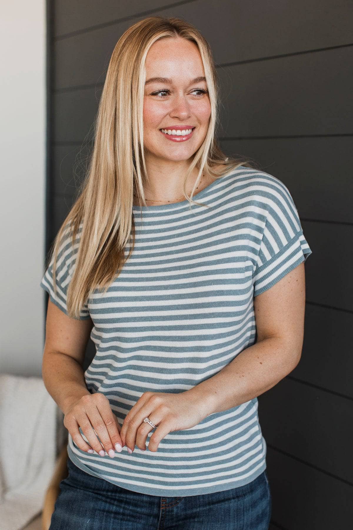 Creative Endeavors Striped Top- Ivory & Dusty Blue - Image 2