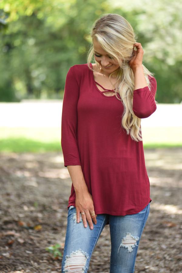 Criss Cross My Heart Top - Burgundy - Image 2
