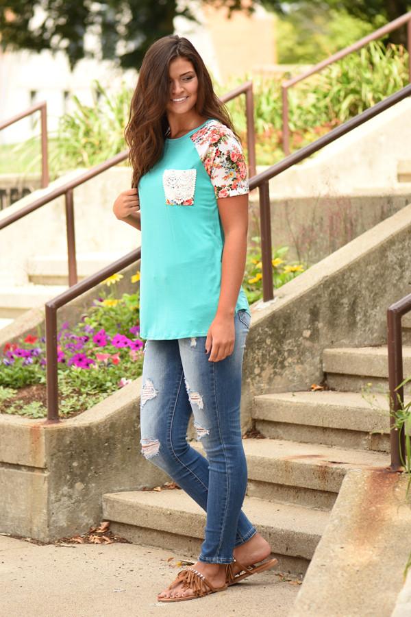 Crochet Pocket Floral Top ~ Teal - Image 3