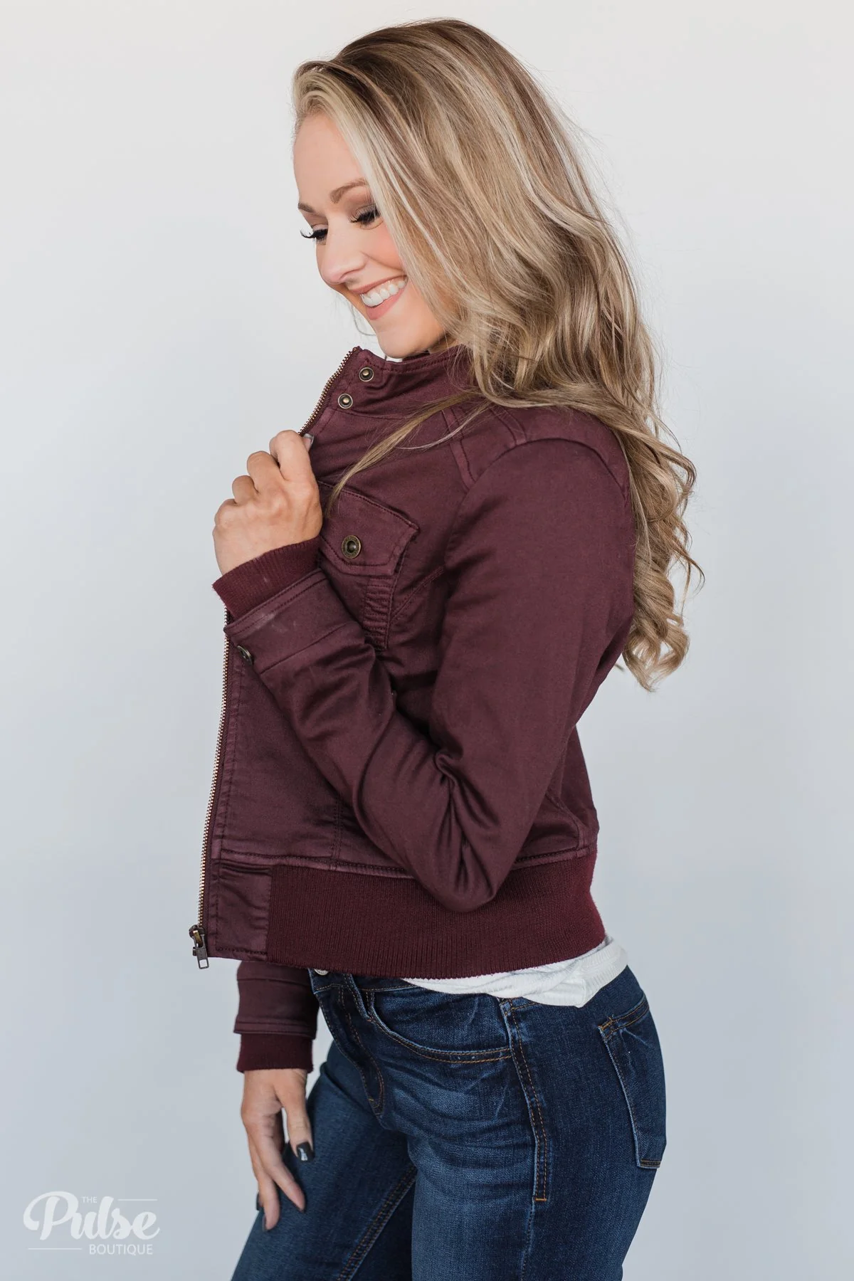Cropped Bomber Jacket- Burgundy - Image 3