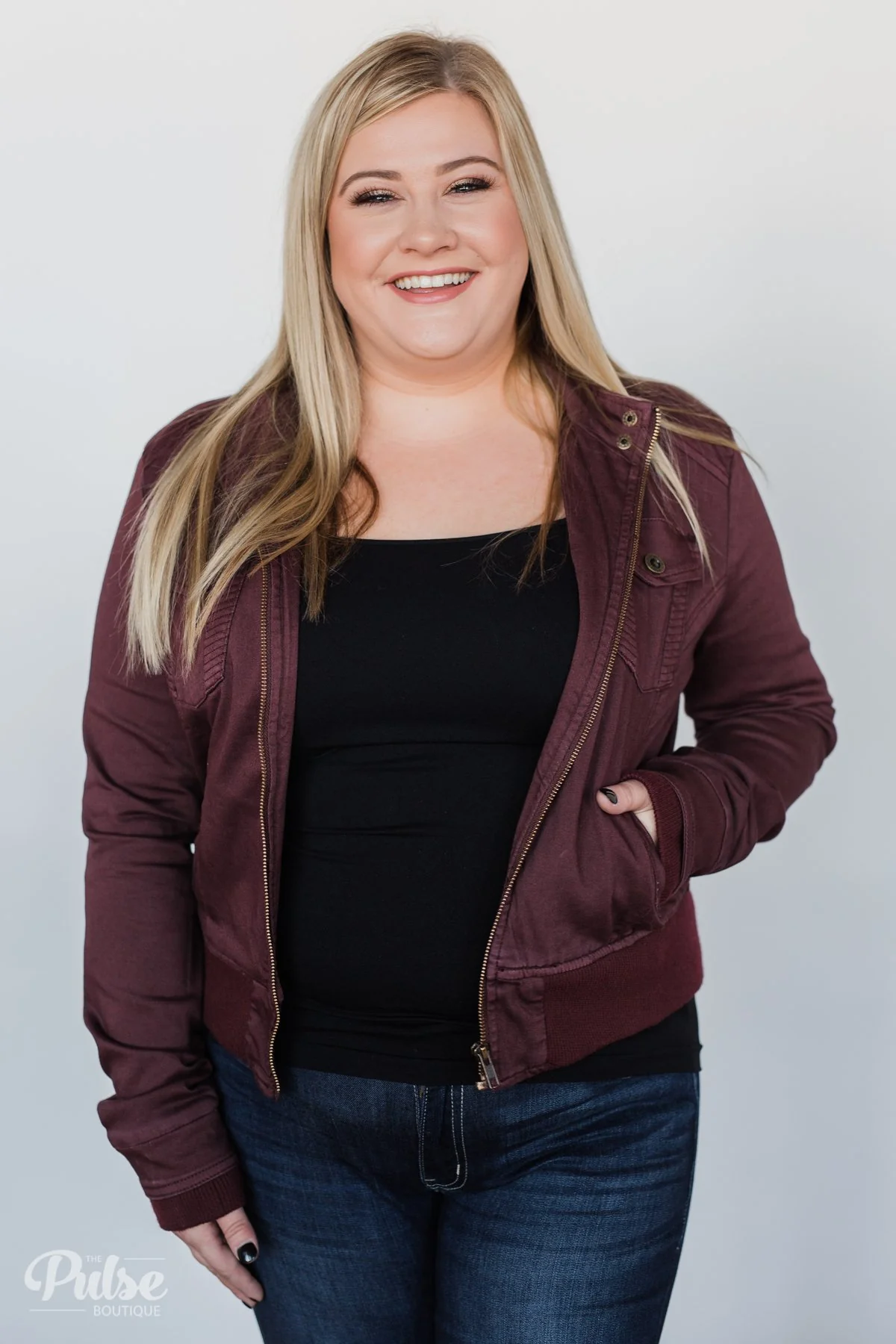 Cropped Bomber Jacket- Burgundy - Image 8