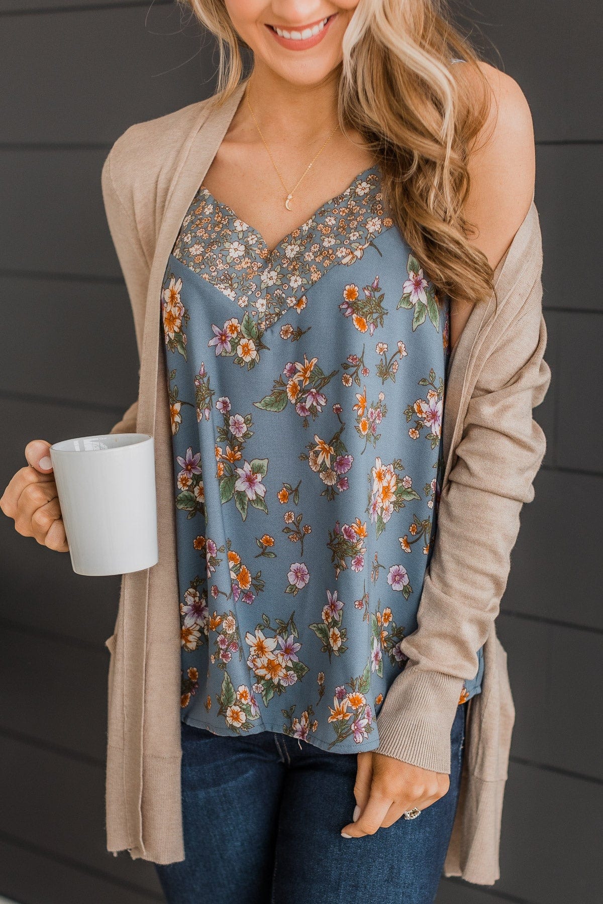 Cross Paths Floral V-Neck Tank Top- Dusty Blue - Image 2