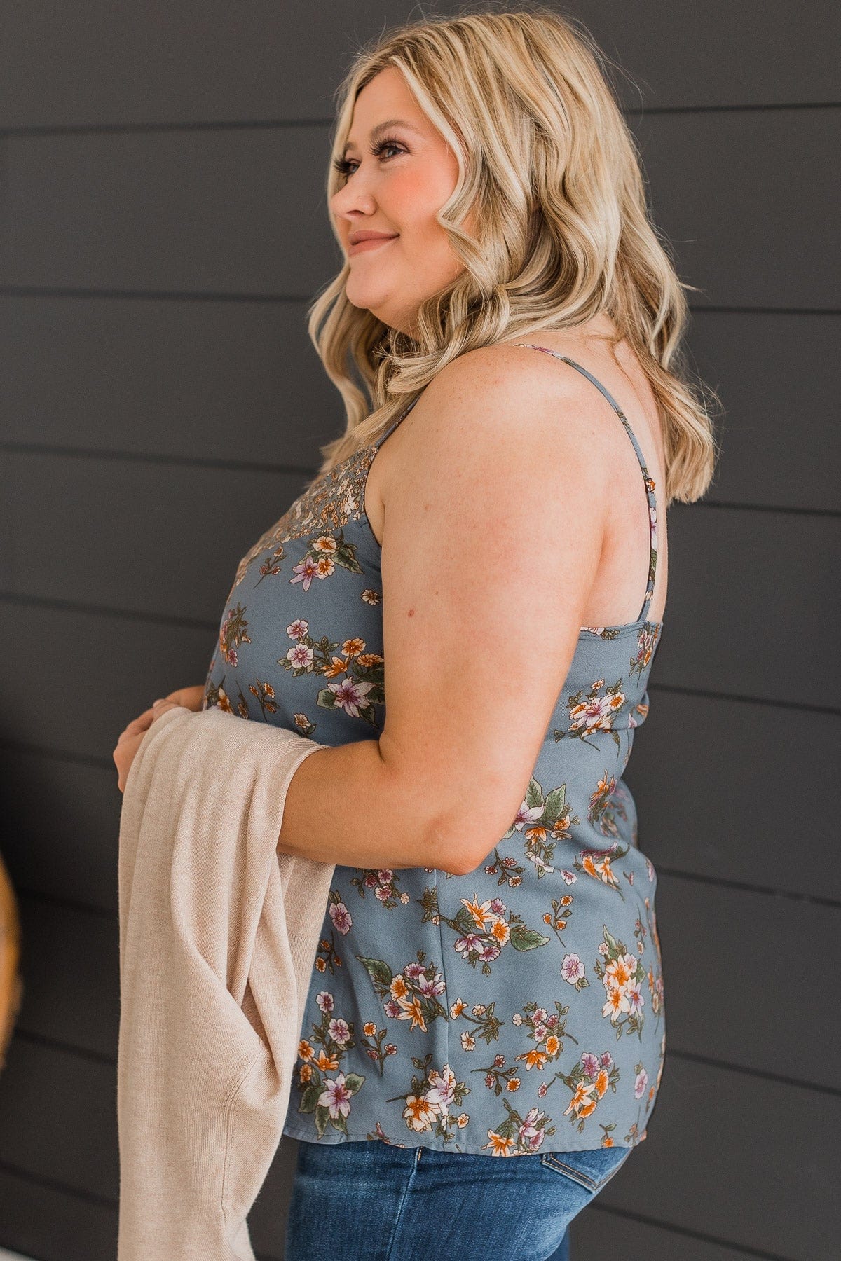 Cross Paths Floral V-Neck Tank Top- Dusty Blue - Image 5
