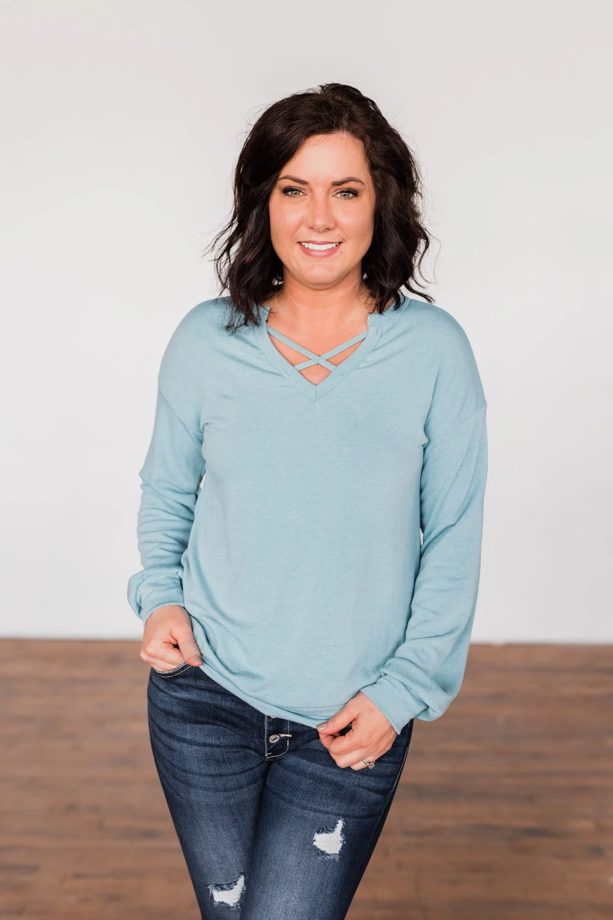 Crossed My Mind Pullover Top- Dusty Teal
