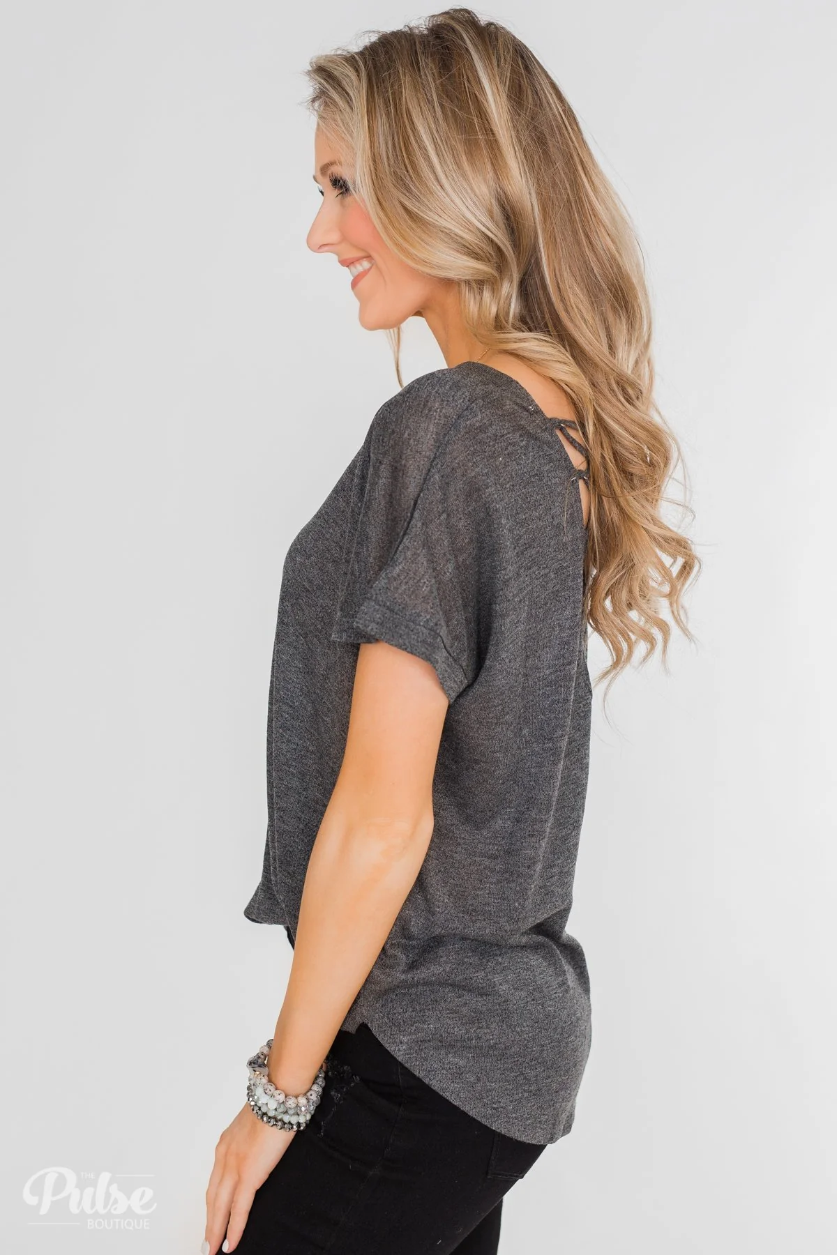 Crossing Into Casual Lace Back Top- Charcoal - Image 10
