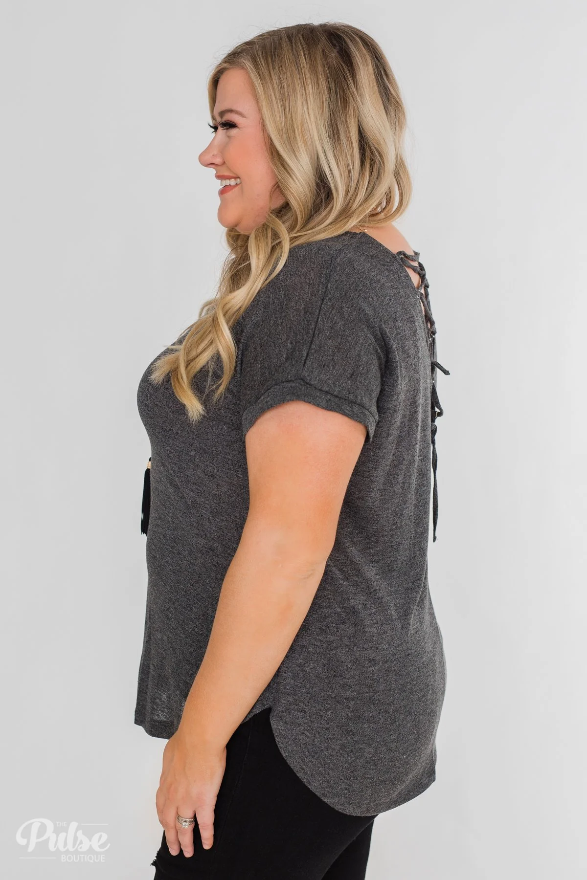 Crossing Into Casual Lace Back Top- Charcoal - Image 11