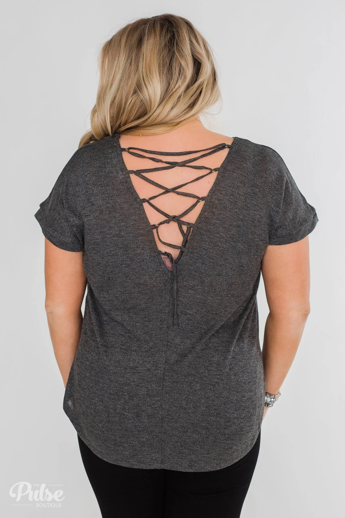 Crossing Into Casual Lace Back Top- Charcoal - Image 13