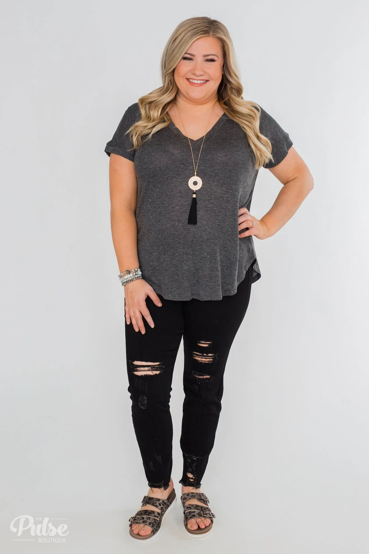 Crossing Into Casual Lace Back Top- Charcoal - Image 3