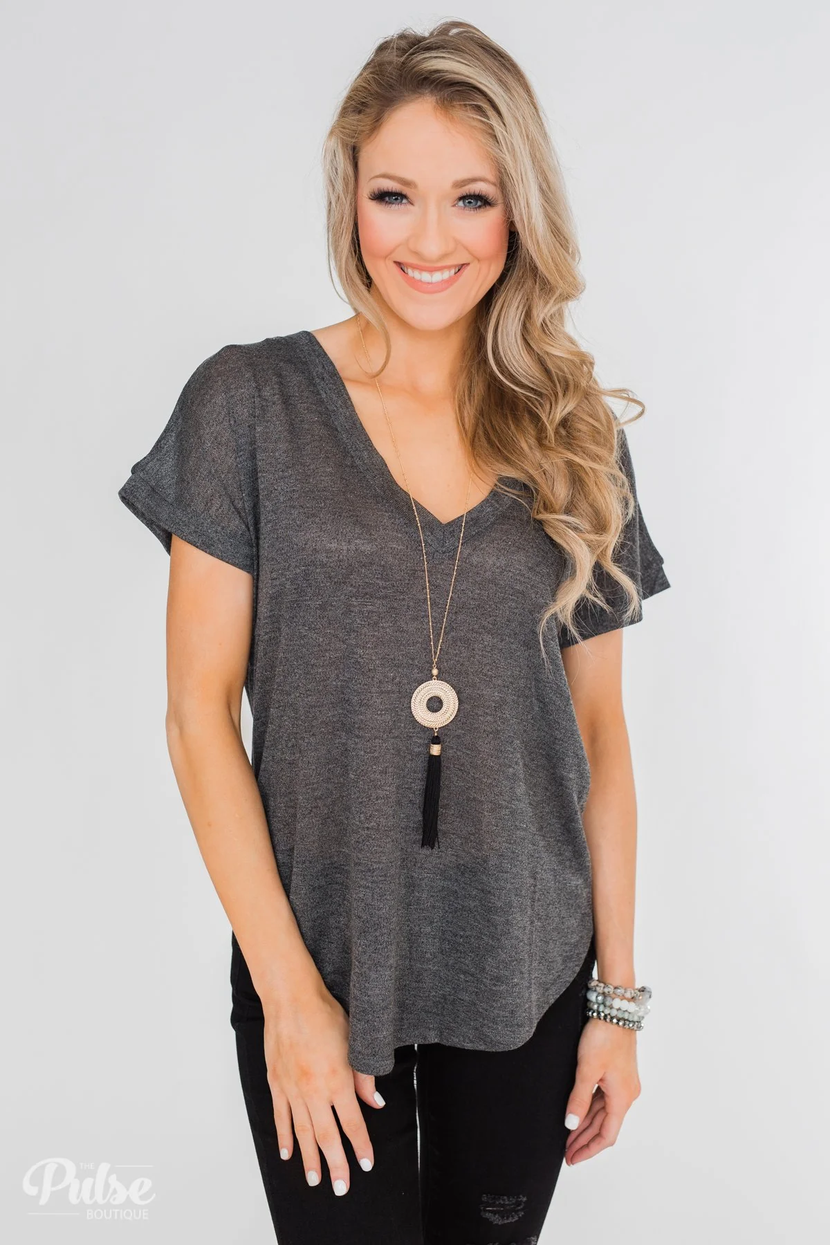 Crossing Into Casual Lace Back Top- Charcoal - Image 5