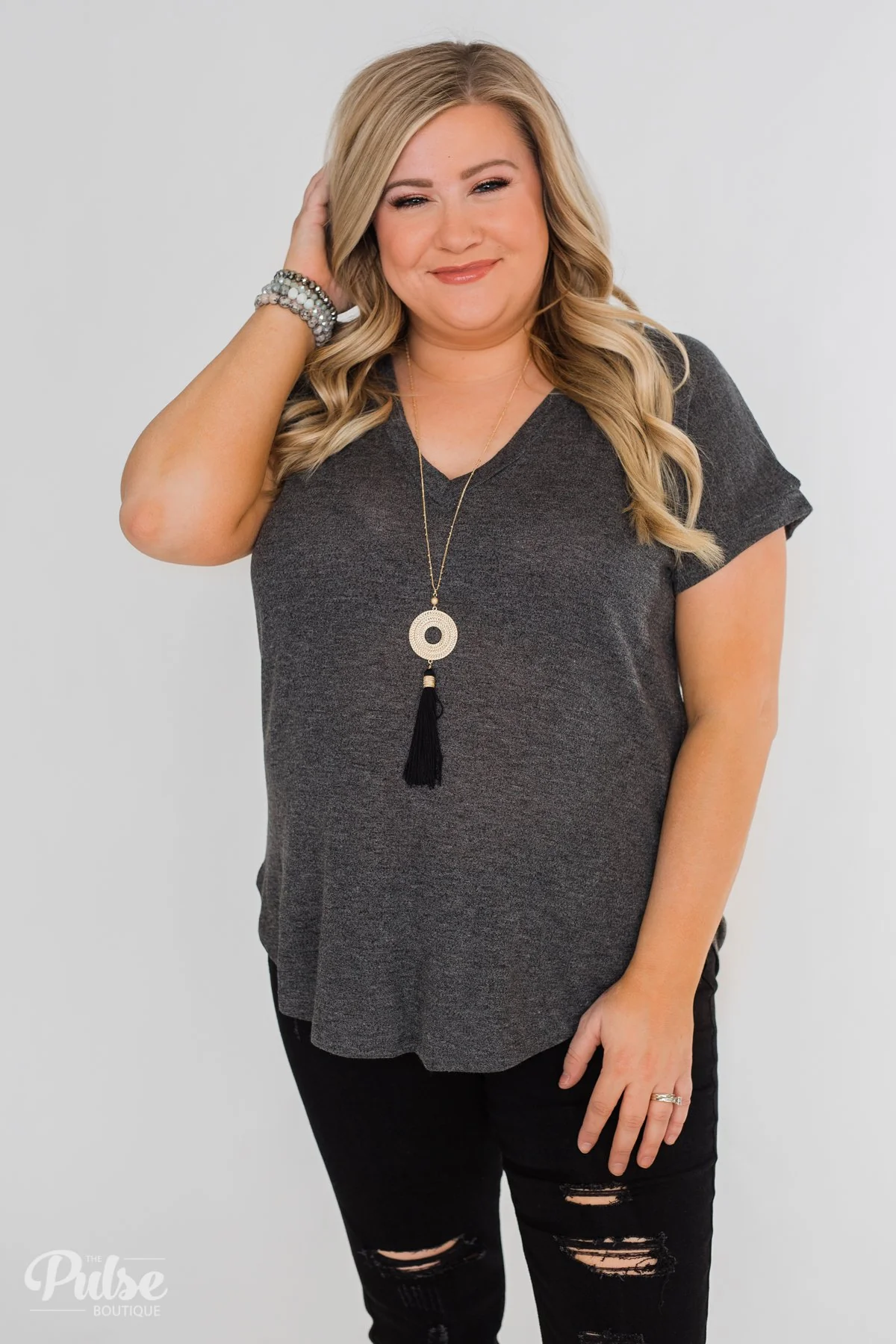 Crossing Into Casual Lace Back Top- Charcoal - Image 6