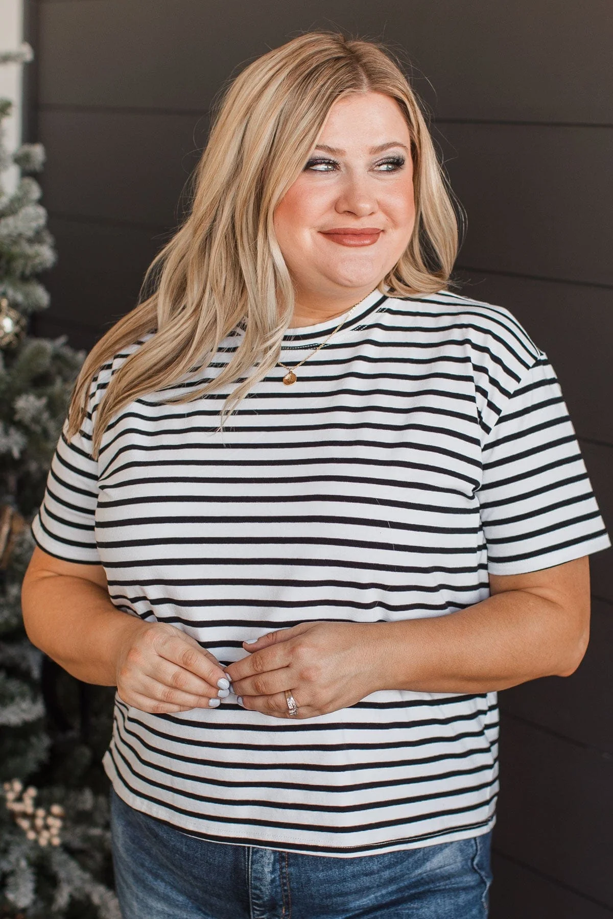 Crossing Lines Striped Knit Top- Black & White - Image 2