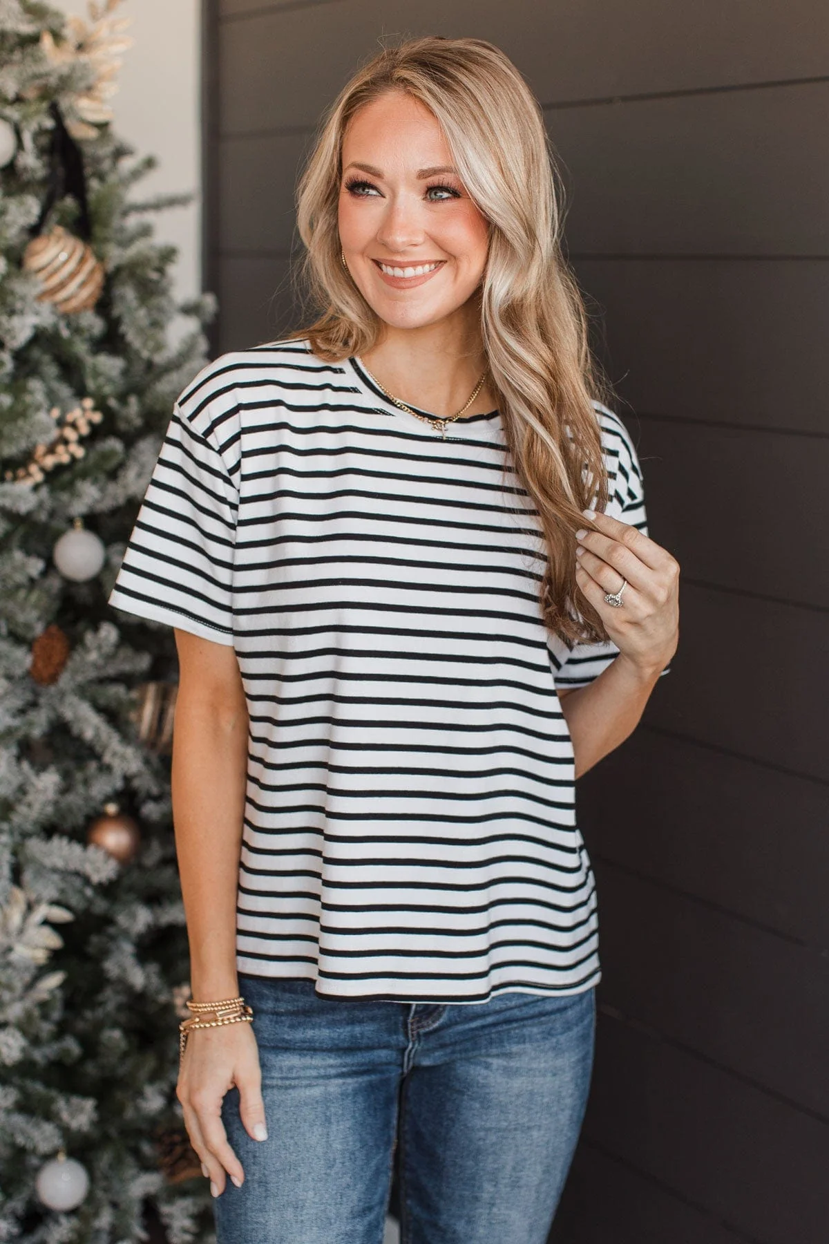 Crossing Lines Striped Knit Top- Black & White - Image 3
