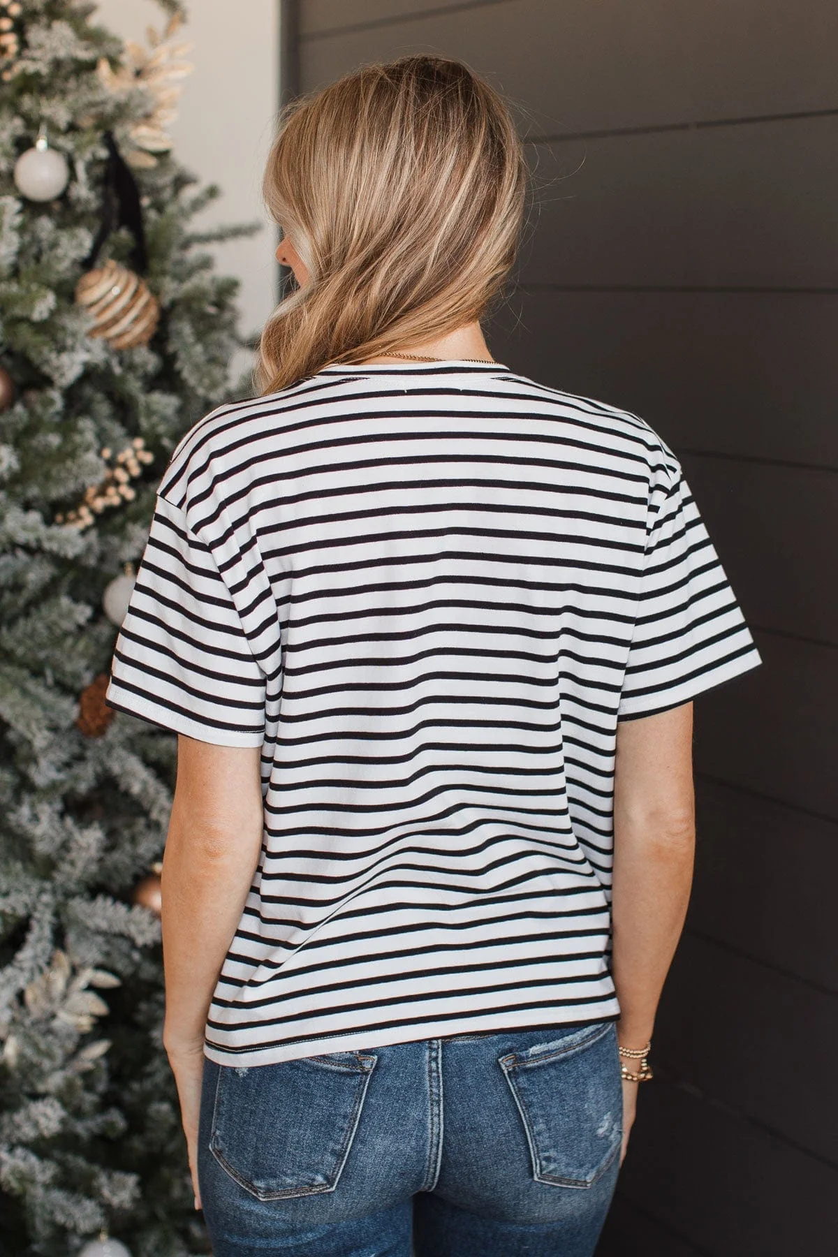 Crossing Lines Striped Knit Top- Black & White - Image 7