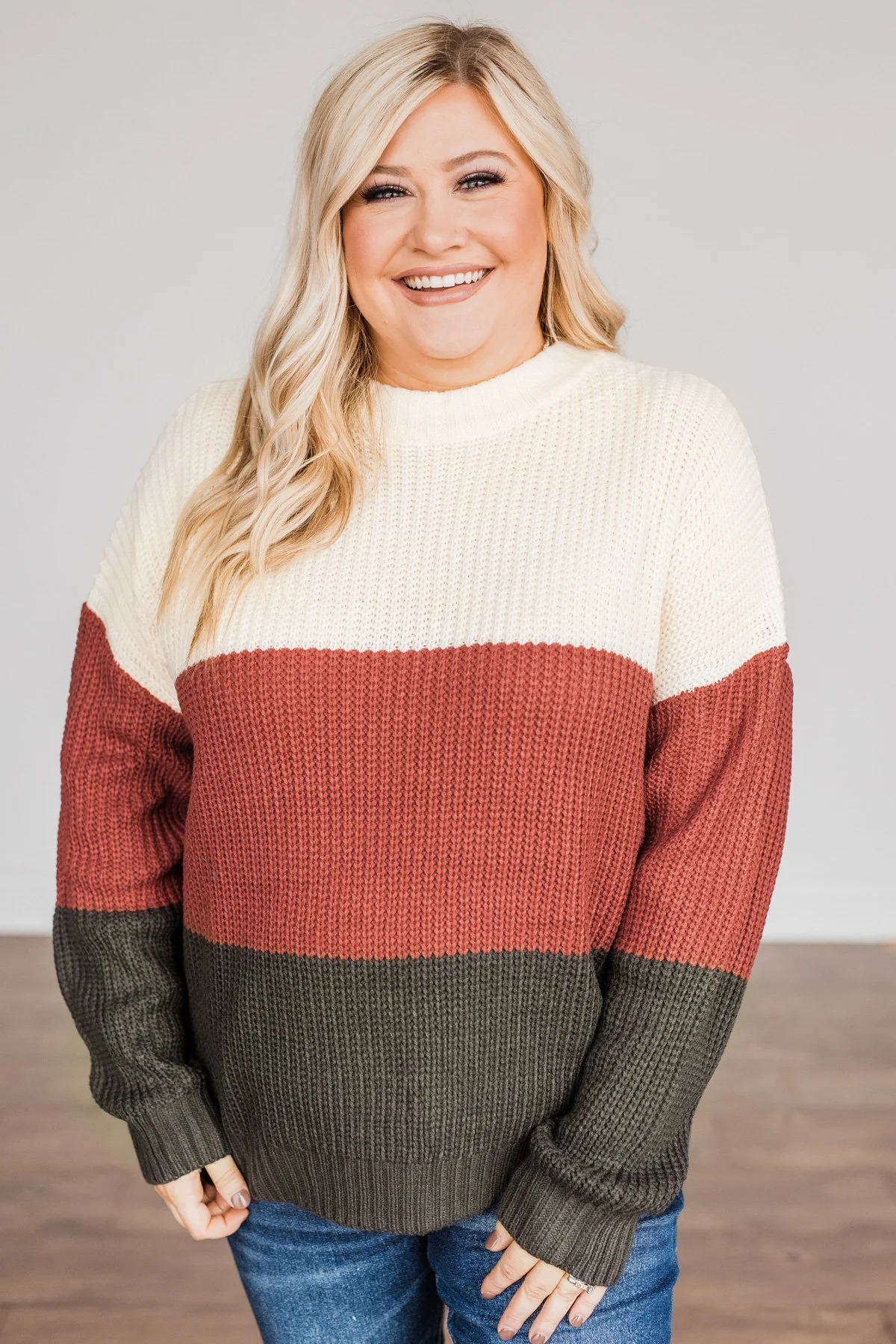 Crunching Leaves Color Block Sweater- Cream, Brick & Black - Image 2