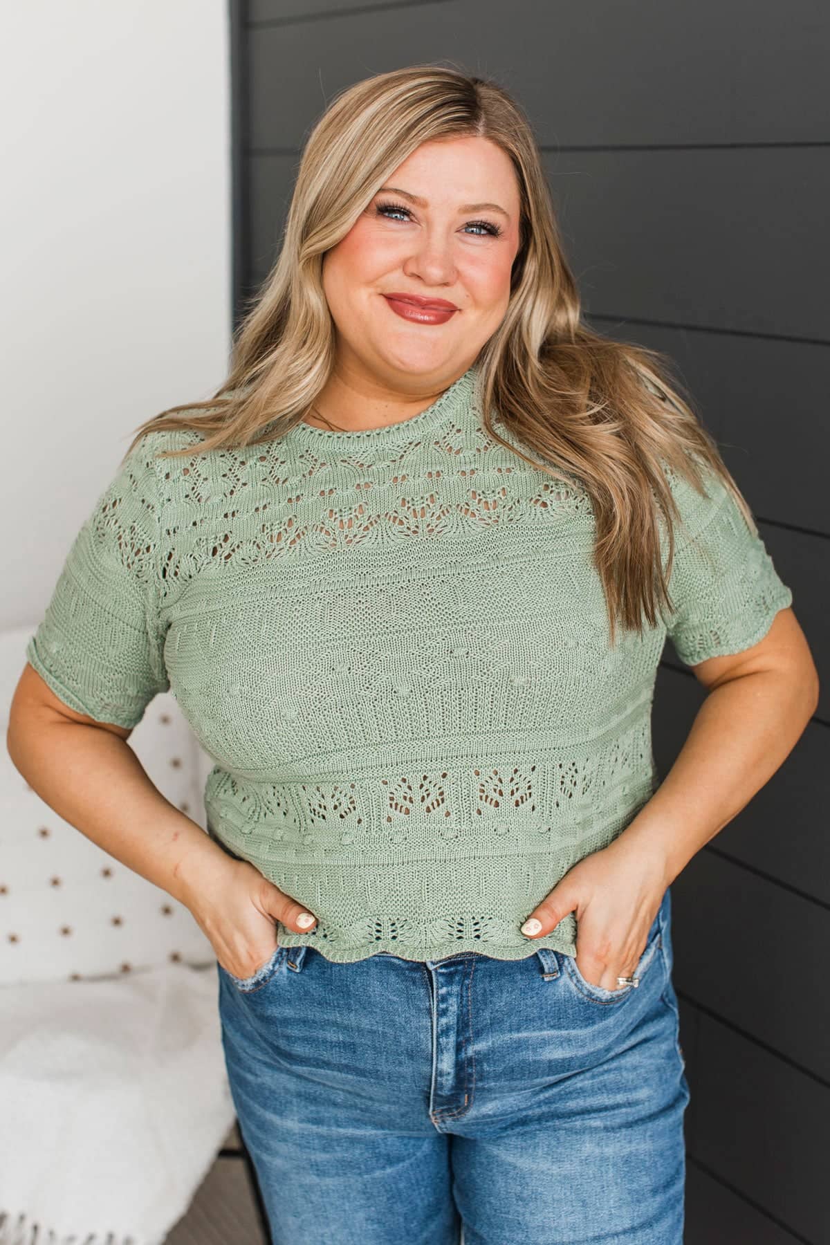 Crushing Hearts Knit Sweater Top- Sage Green - Image 3