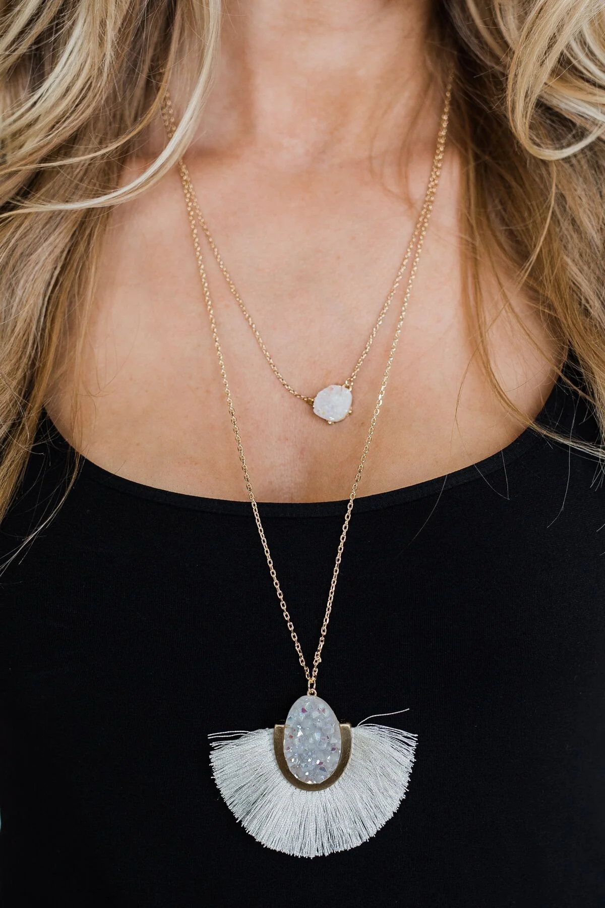 Crystal Pendant Flare Necklace- White - Image 2