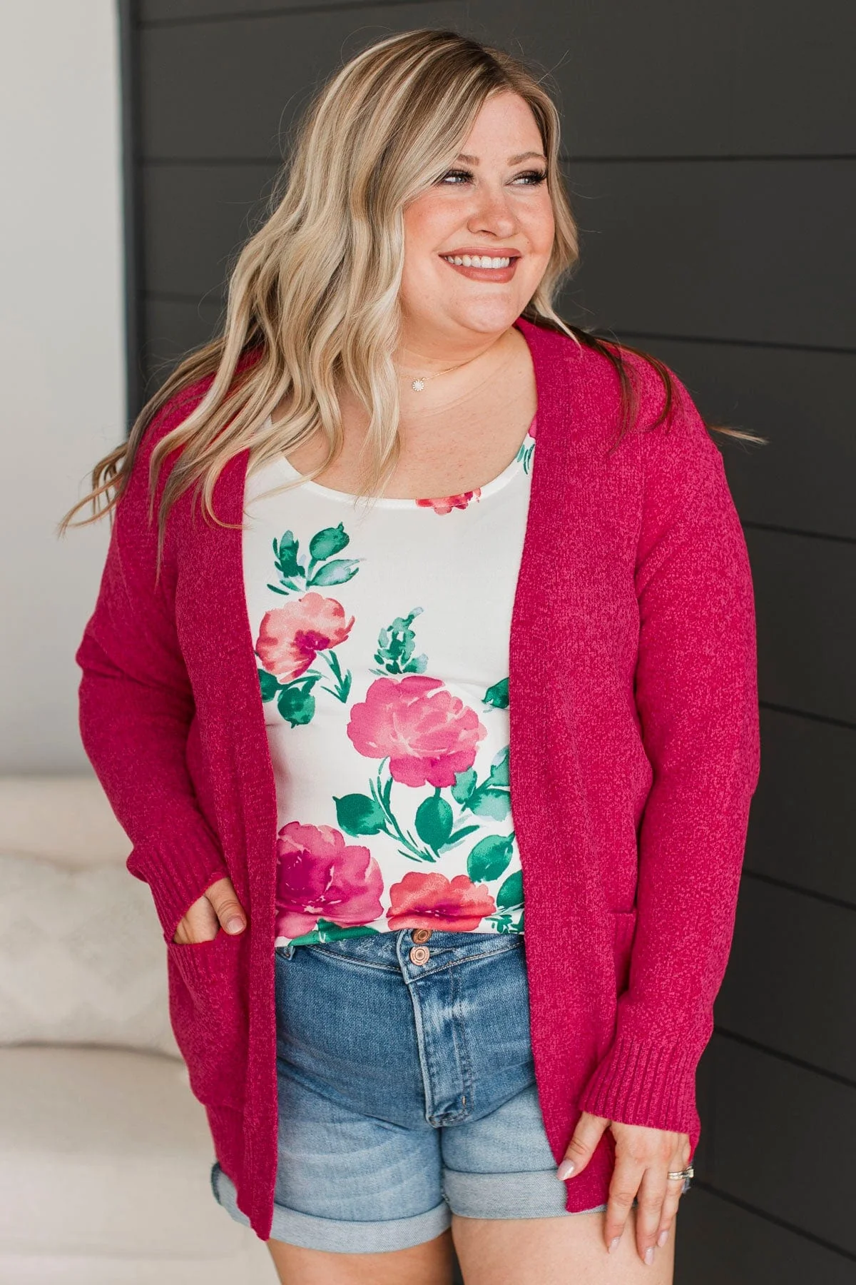 Cuddle Up To You Knit Cardigan- Fuchsia - Image 3