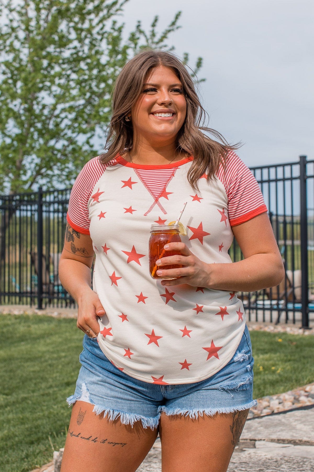 Cue The Sparklers Short Sleeve Top- Red & White - Image 2