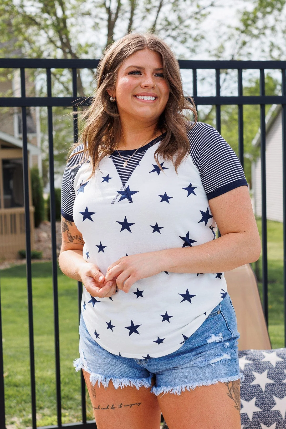 Cue The Sparklers Short Sleeve Top- Navy & White - Image 8