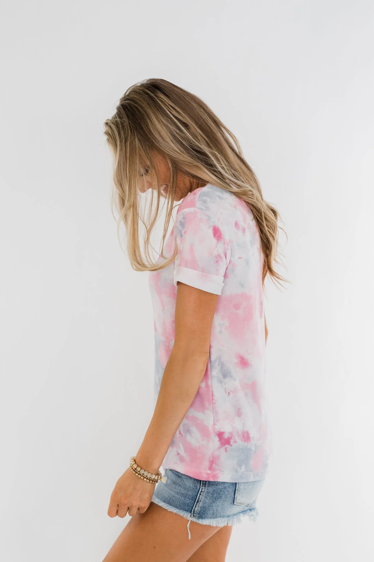 Cuffed Sleeve Tie Dye Top- Pink, White, & Grey - Image 10