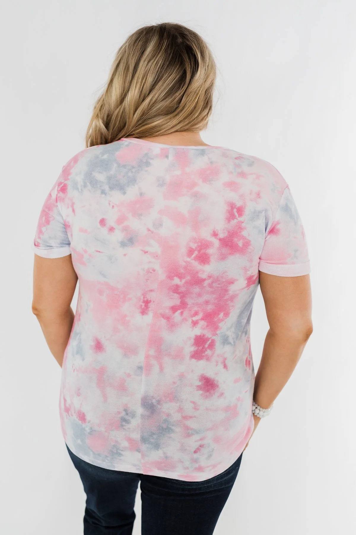 Cuffed Sleeve Tie Dye Top- Pink, White, & Grey - Image 11