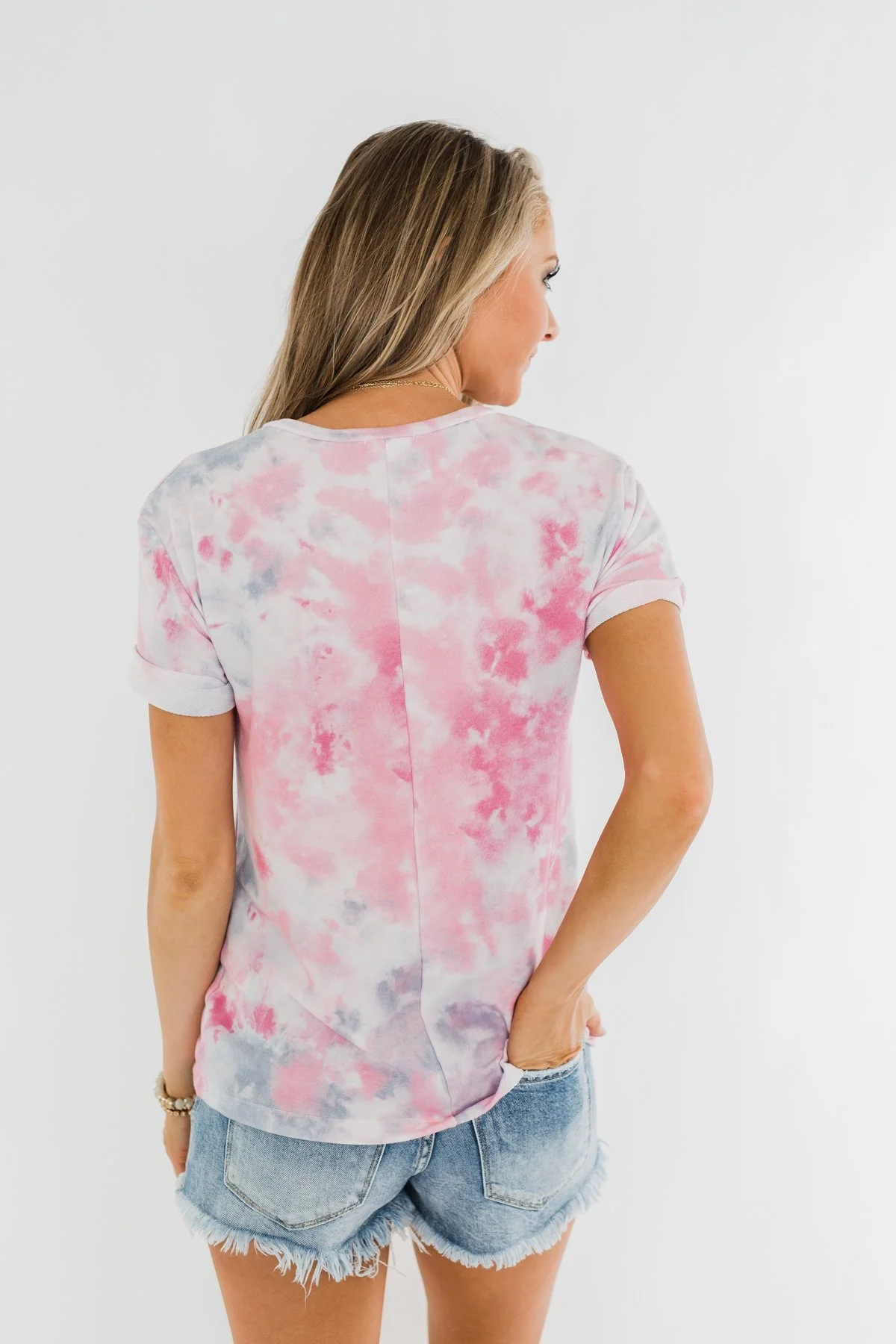 Cuffed Sleeve Tie Dye Top- Pink, White, & Grey - Image 12
