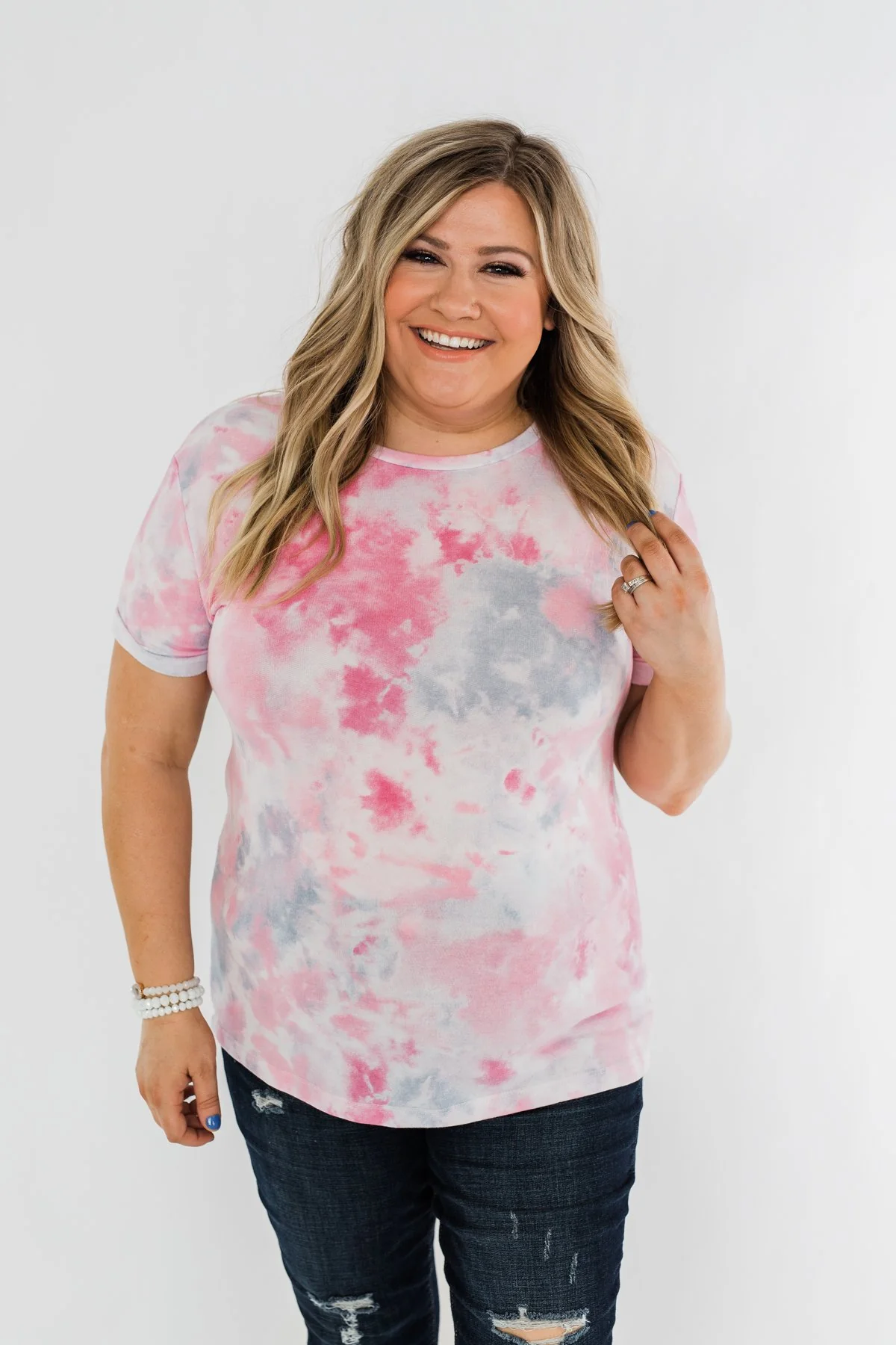 Cuffed Sleeve Tie Dye Top- Pink, White, & Grey - Image 2