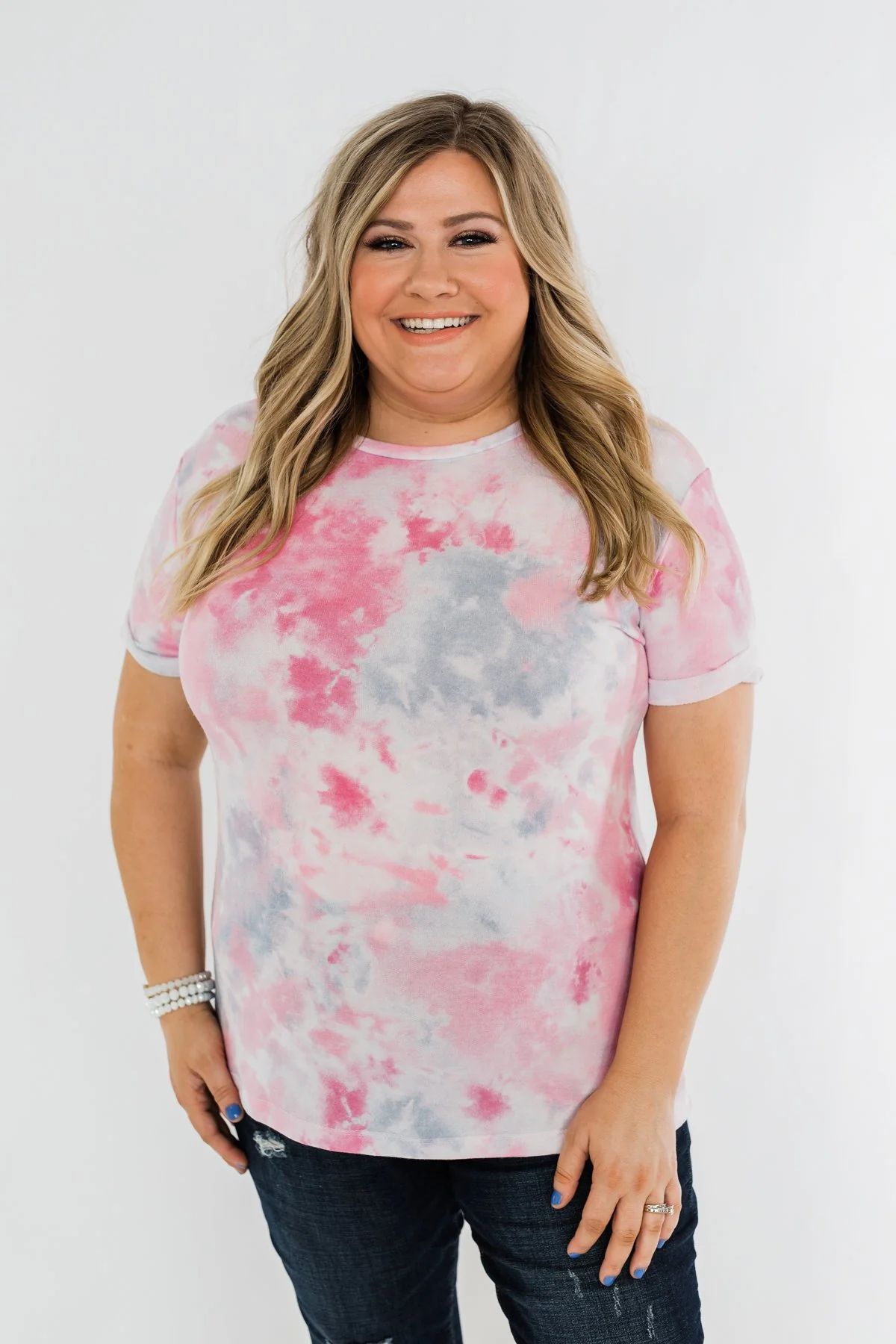 Cuffed Sleeve Tie Dye Top- Pink, White, & Grey - Image 8