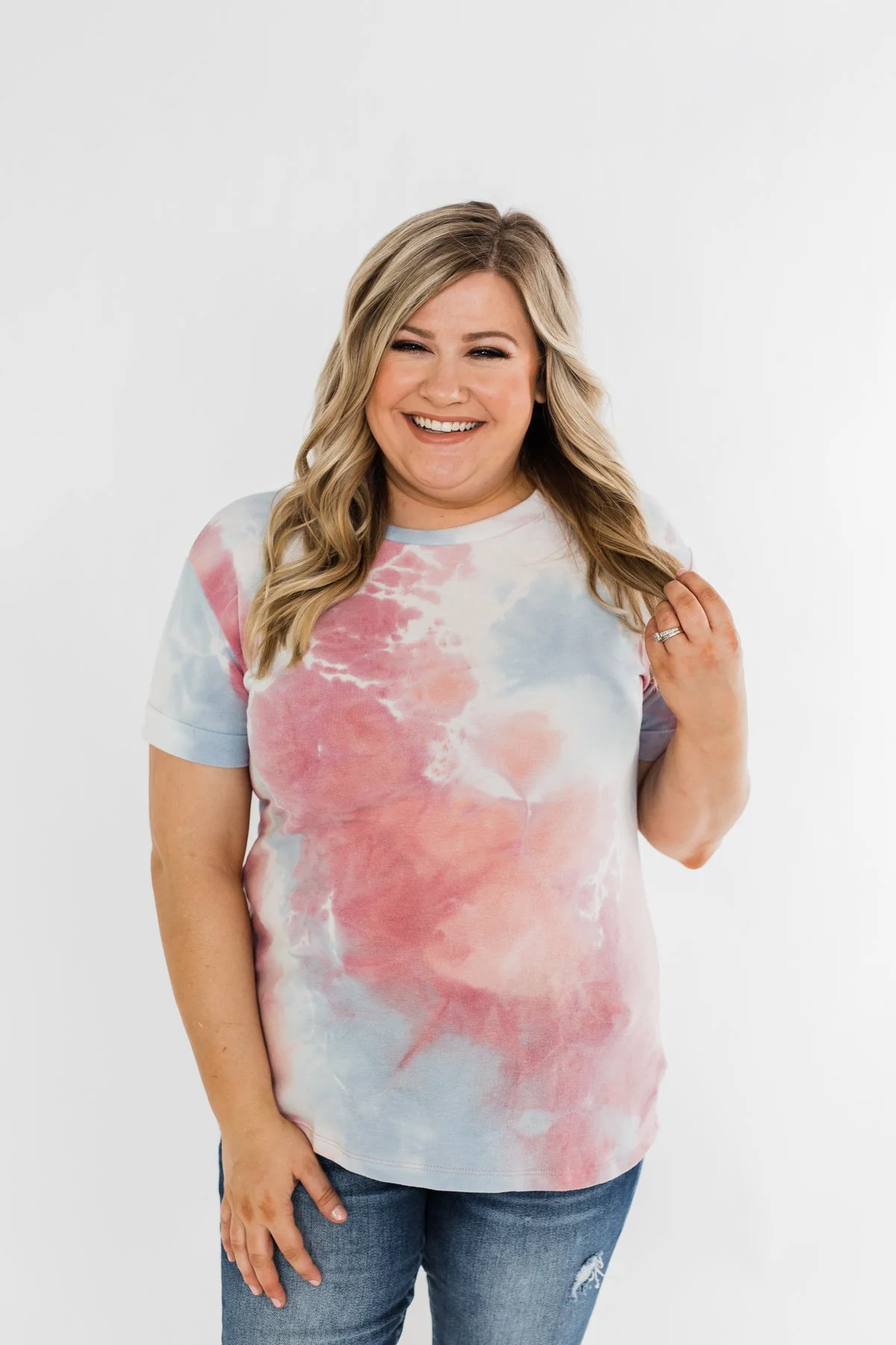 Cuffed Sleeve Tie Dye Top- White, Blue, Peachy Pink - Image 2