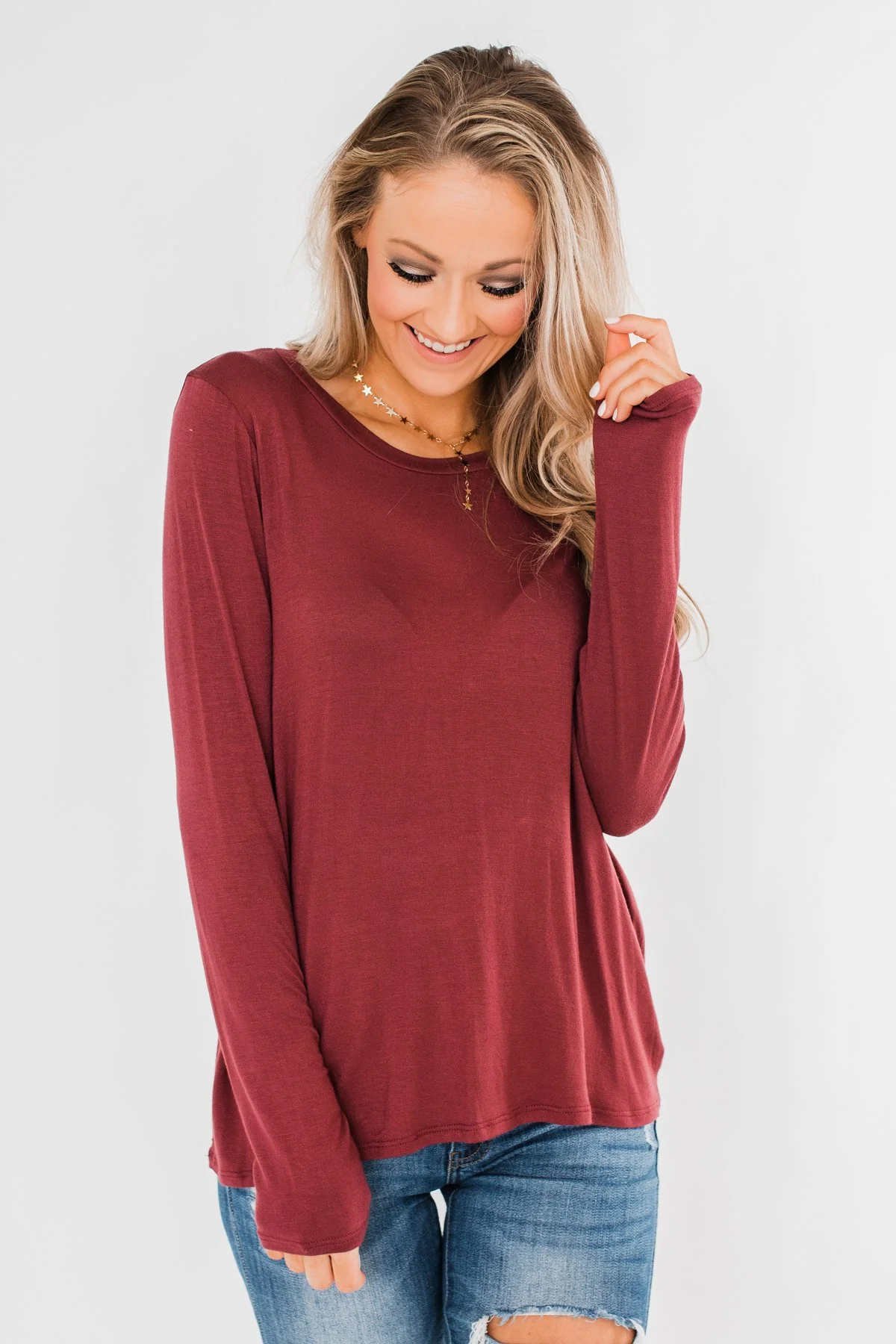 Cut Out Back Long Sleeve Top- Dusty Maroon - Image 4