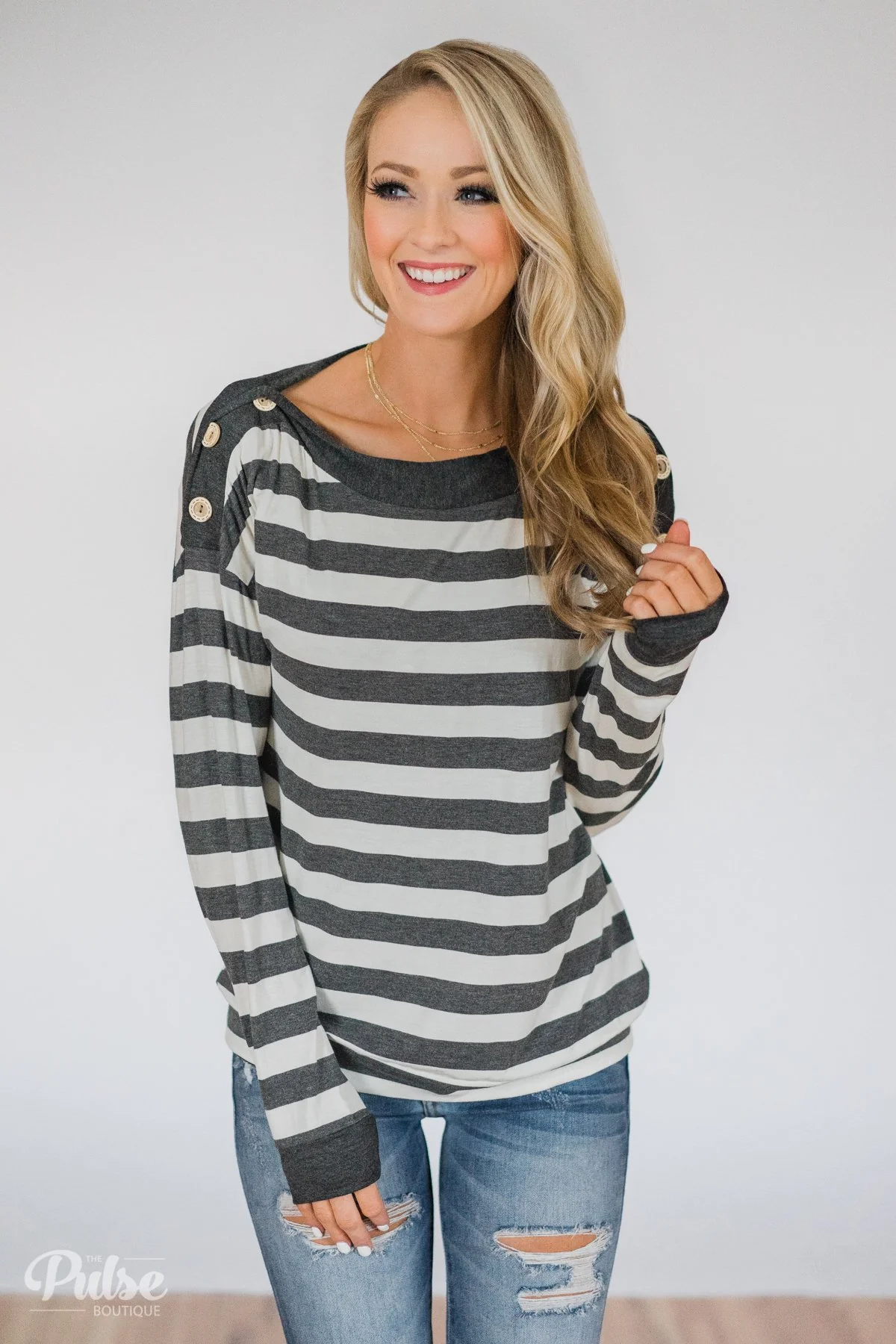 Cute As A Button Striped Top- Charcoal & Ivory - Image 2