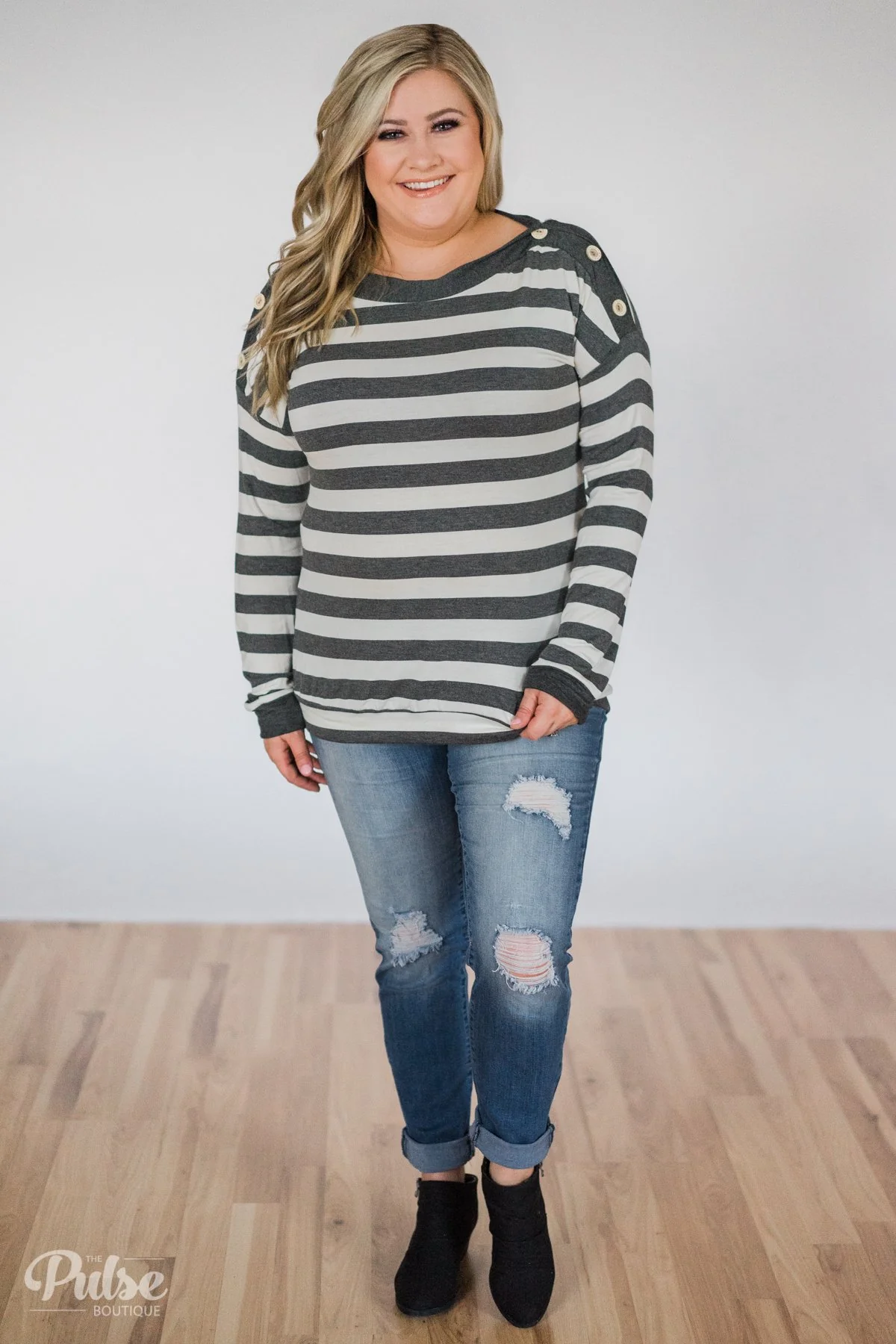 Cute As A Button Striped Top- Charcoal & Ivory - Image 6