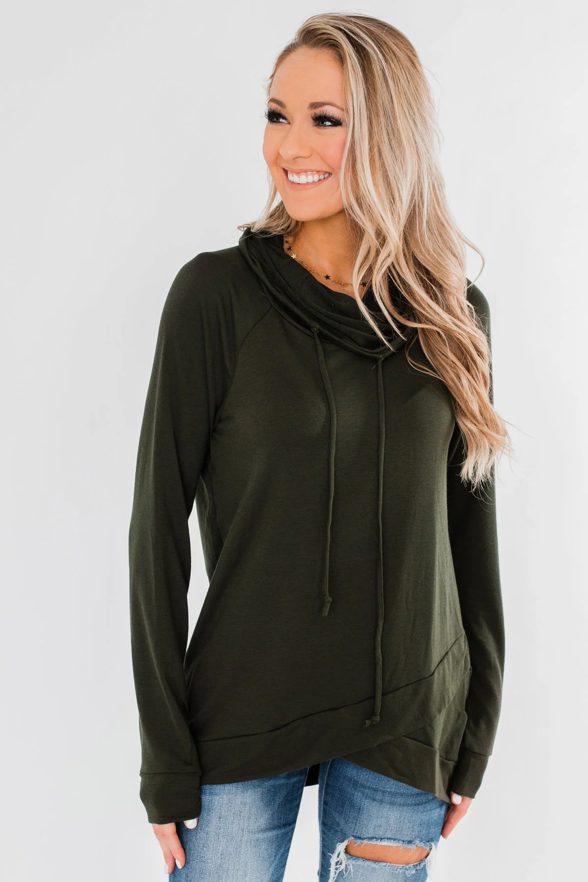 Cute & Casual Cowl Neck Pullover- Dark Olive - Image 6